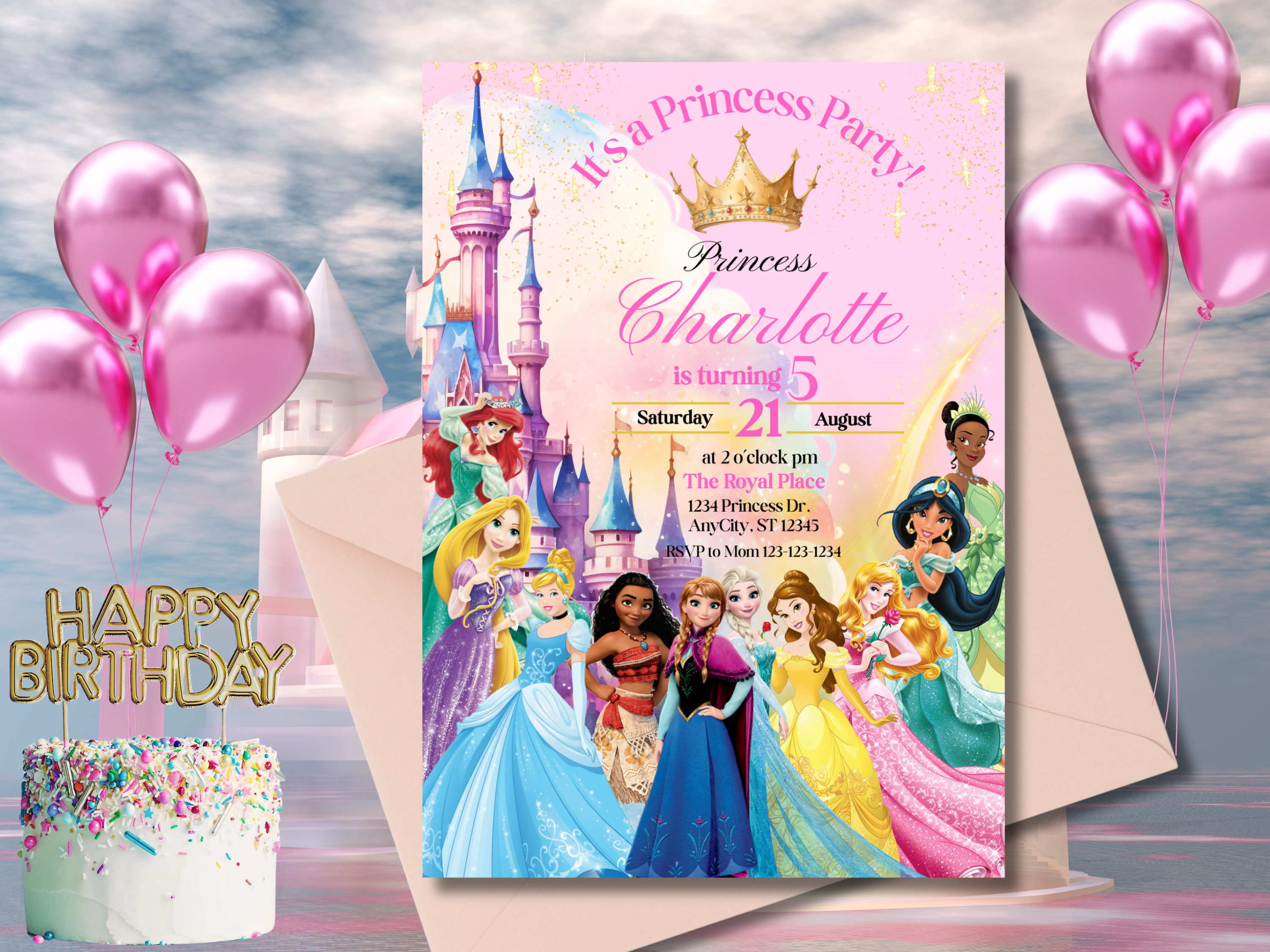 Editable Princess Birthday Invitation | Pink Royal Party Invite for Girls | Pastel Princess Canva Template | Instant Download Text Invitation