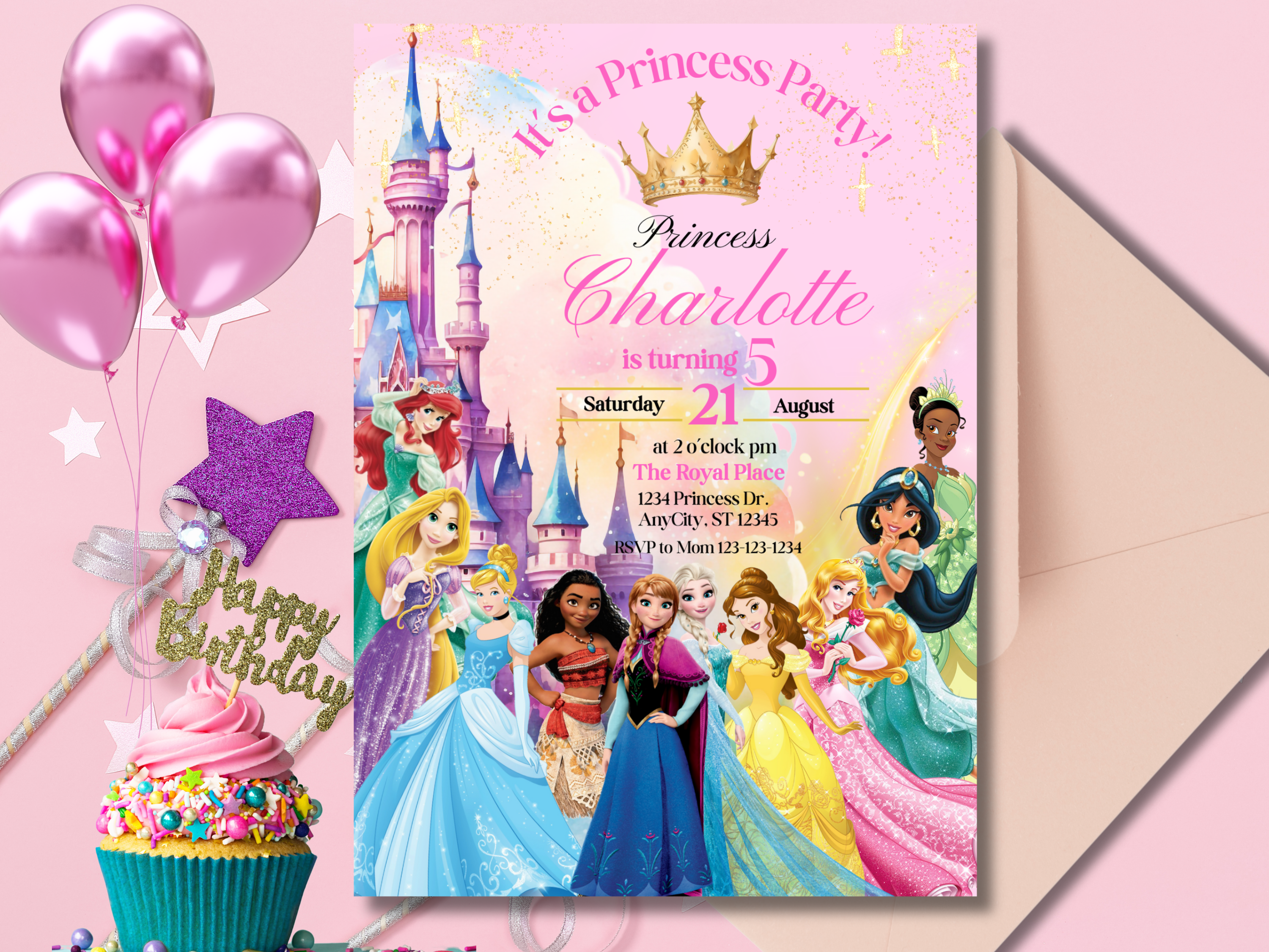 Editable Princess Birthday Invitation | Pink Royal Party Invite for Girls | Pastel Princess Canva Template | Instant Download Text Invitation