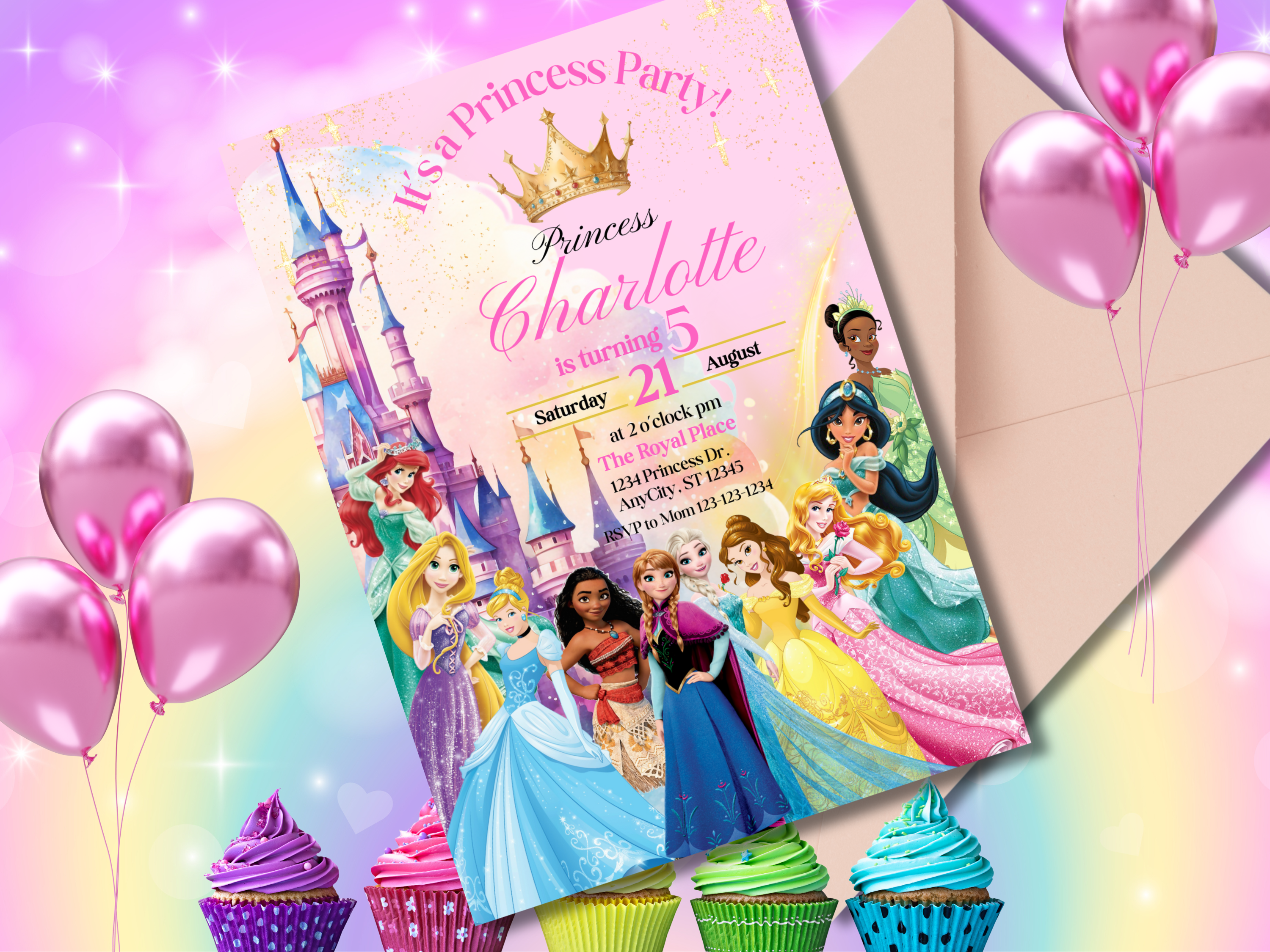 Editable Princess Birthday Invitation | Pink Royal Party Invite for Girls | Pastel Princess Canva Template | Instant Download Text Invitation