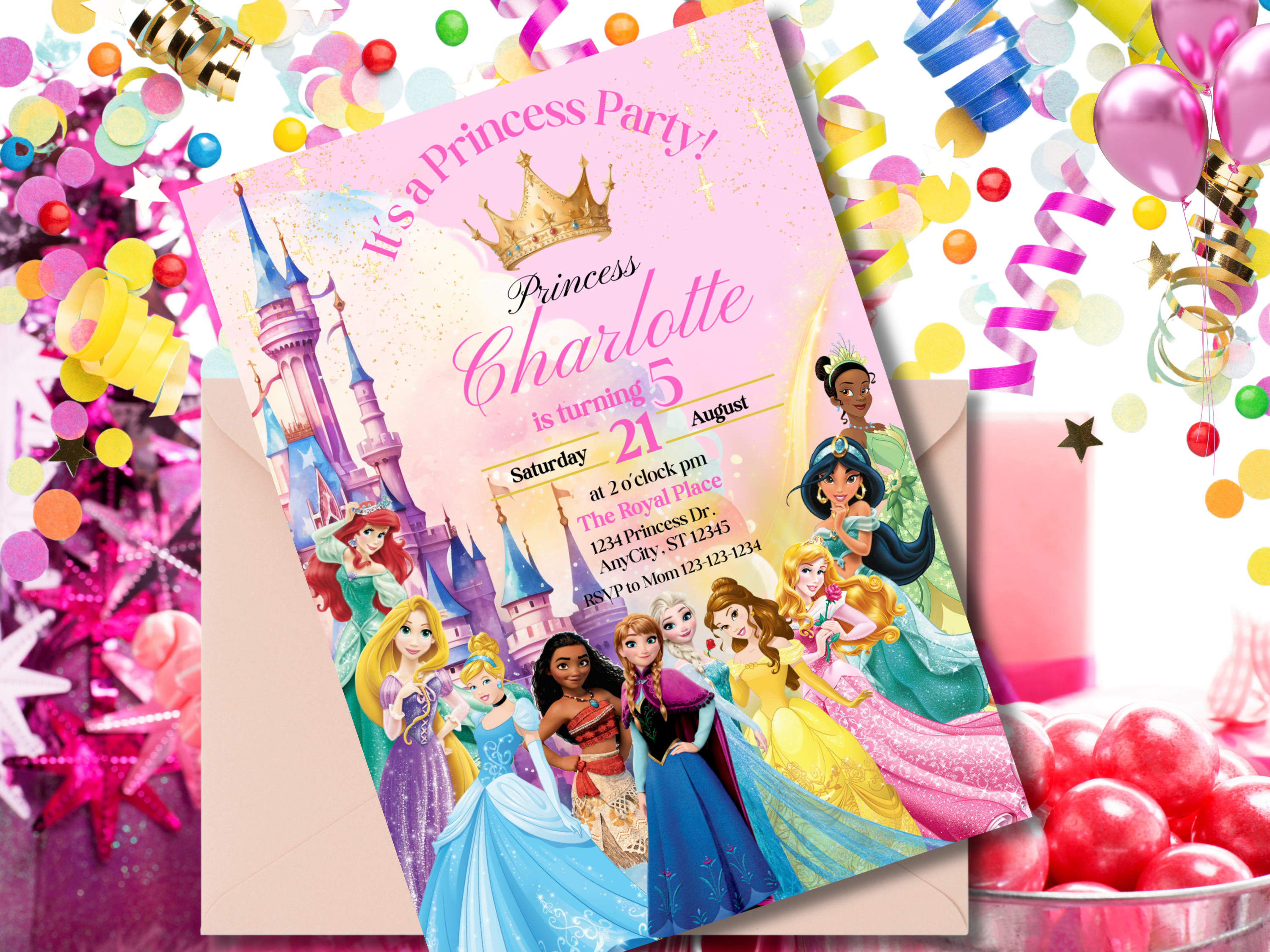 Editable Princess Birthday Invitation | Pink Royal Party Invite for Girls | Pastel Princess Canva Template | Instant Download Text Invitation