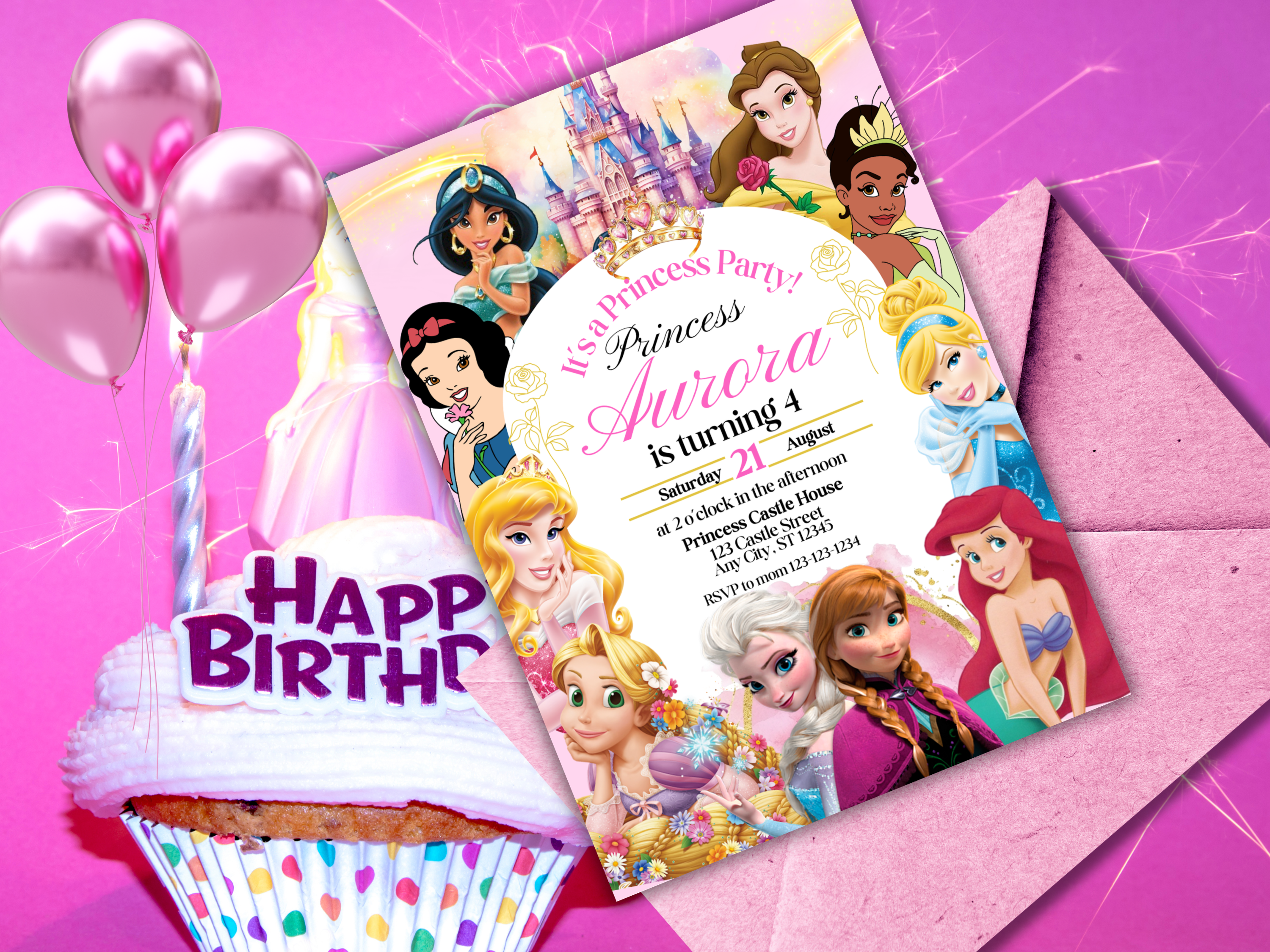 Editable Princess Birthday Invitation | Pink Royal Party Invite for Girls | Pastel Princess Canva Template | Instant Download Text Invitation