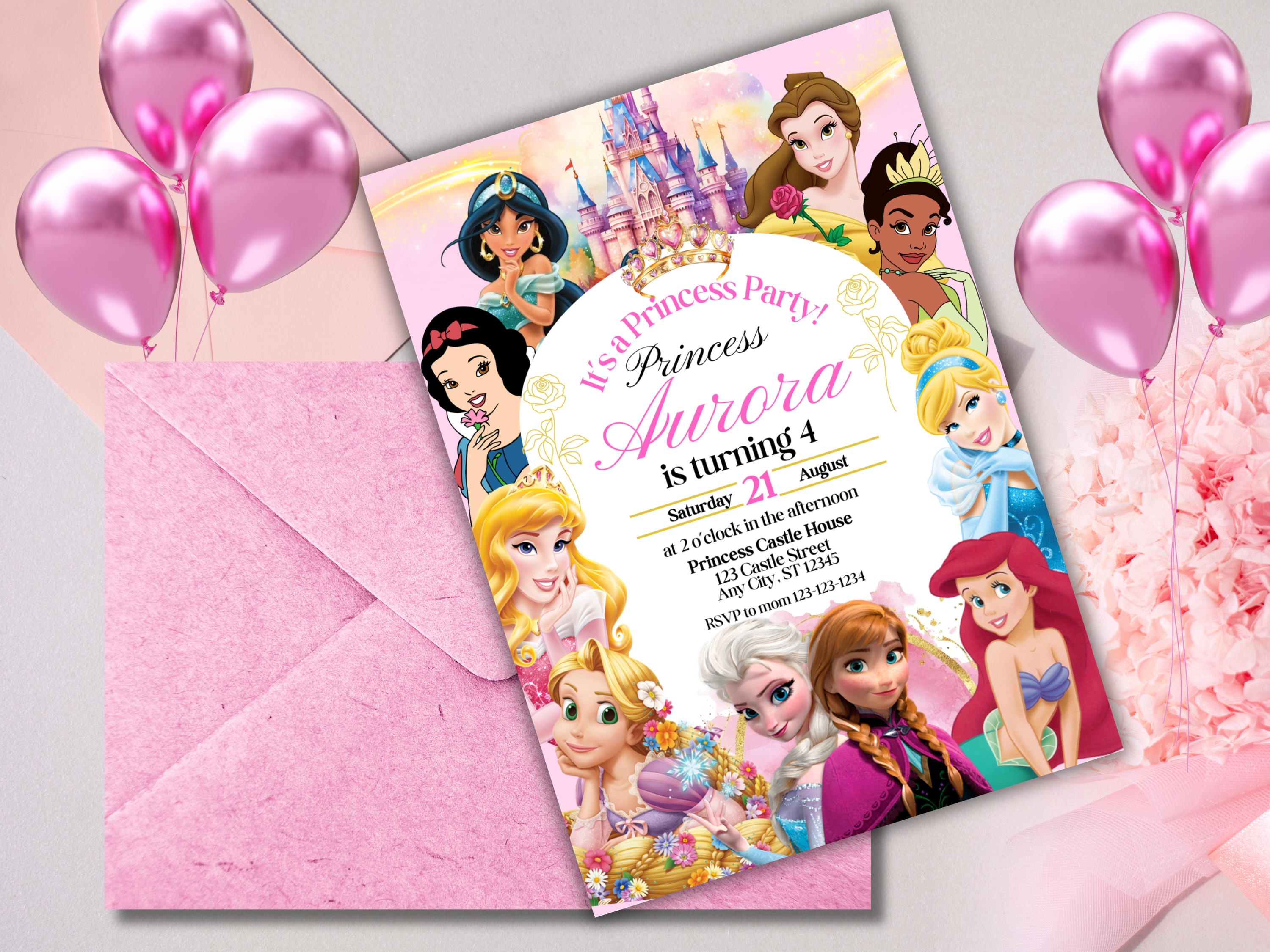Editable Princess Birthday Invitation | Pink Royal Party Invite for Girls | Pastel Princess Canva Template | Instant Download Text Invitation