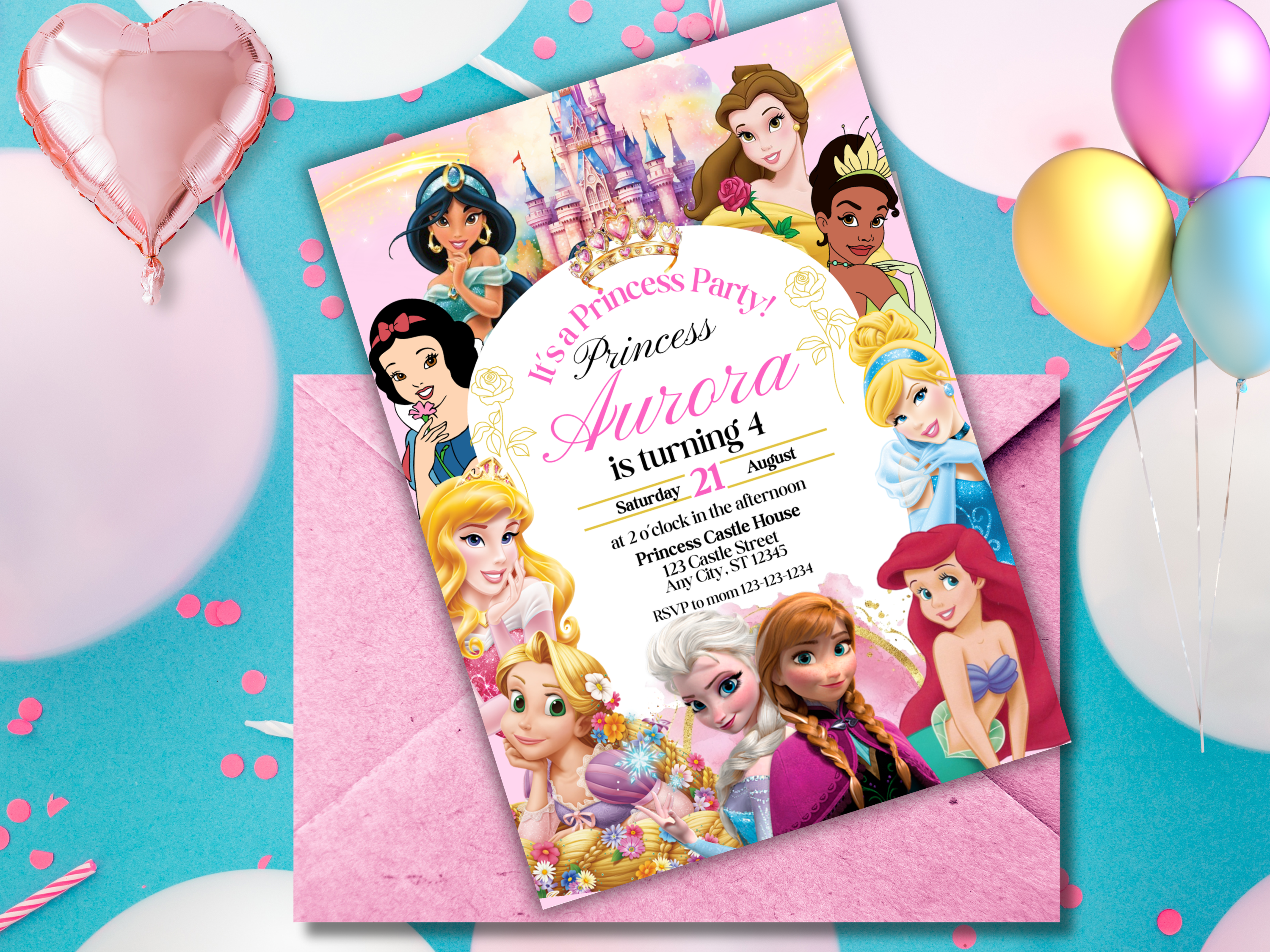 Editable Princess Birthday Invitation | Pink Royal Party Invite for Girls | Pastel Princess Canva Template | Instant Download Text Invitation