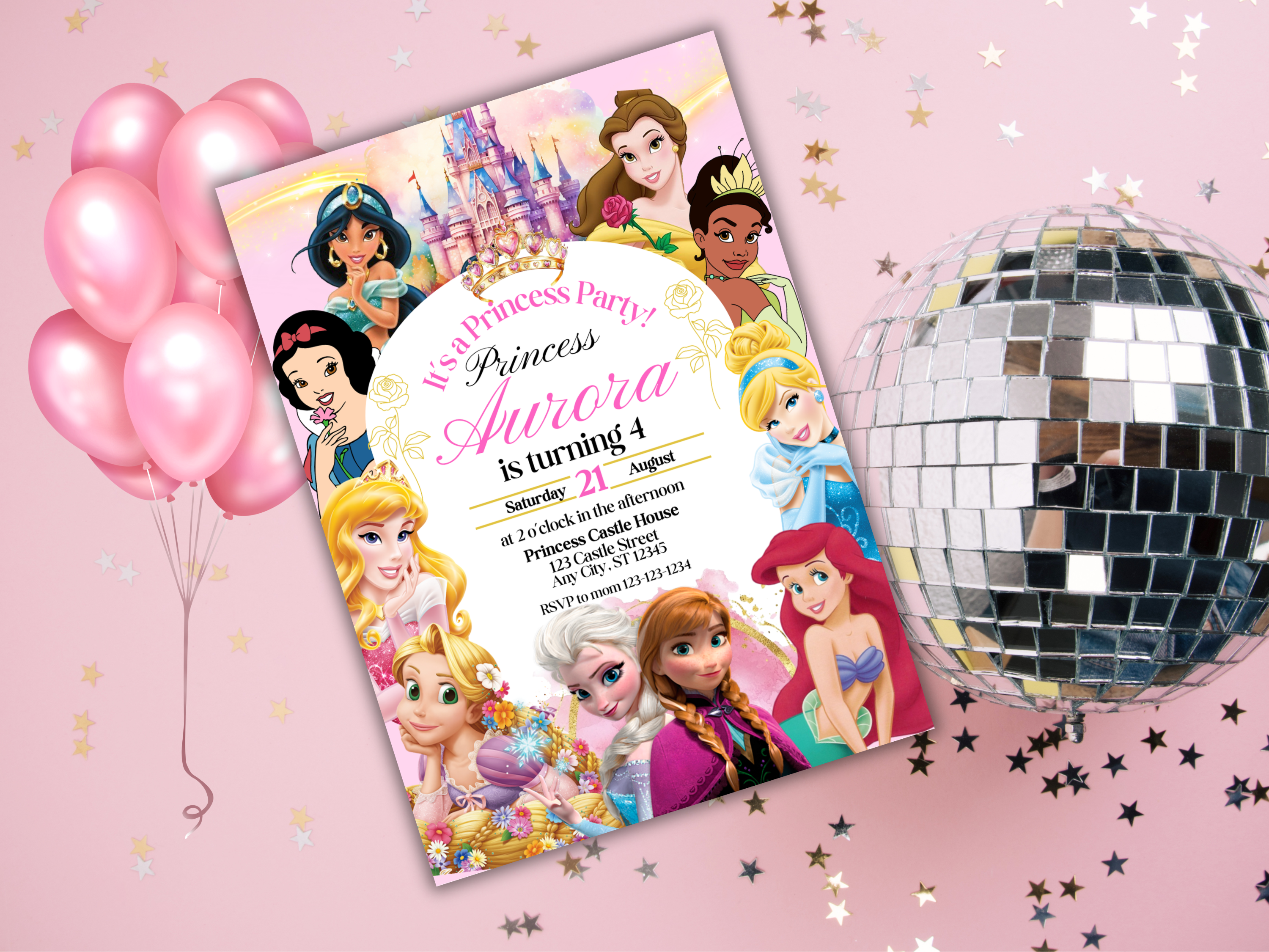 Editable Princess Birthday Invitation | Pink Royal Party Invite for Girls | Pastel Princess Canva Template | Instant Download Text Invitation
