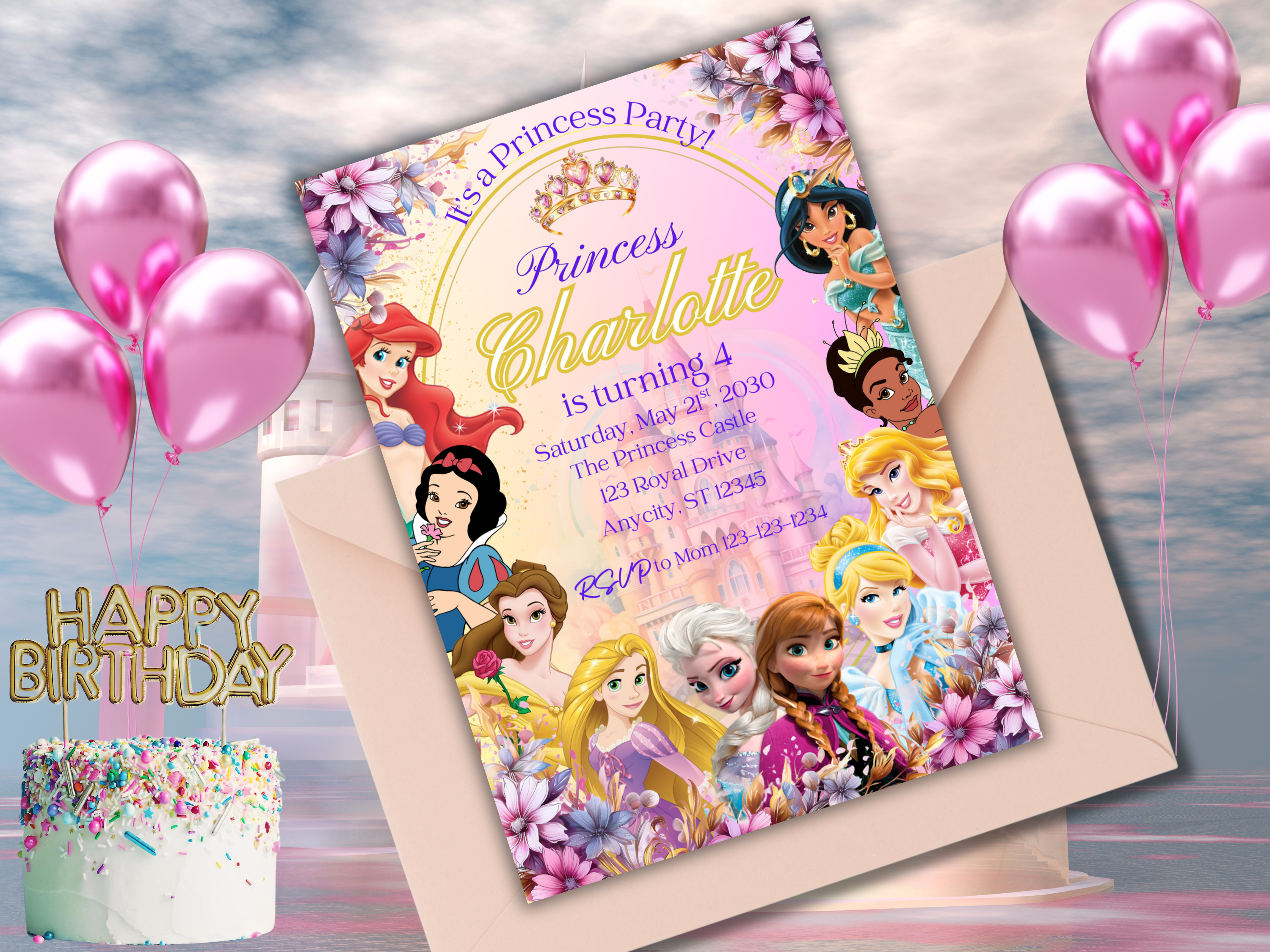 Editable Princess Birthday Invitation | Floral Royal Party Invite for Girls | Pastel Princess Canva Template | Instant Download Text Invitation DPBP4