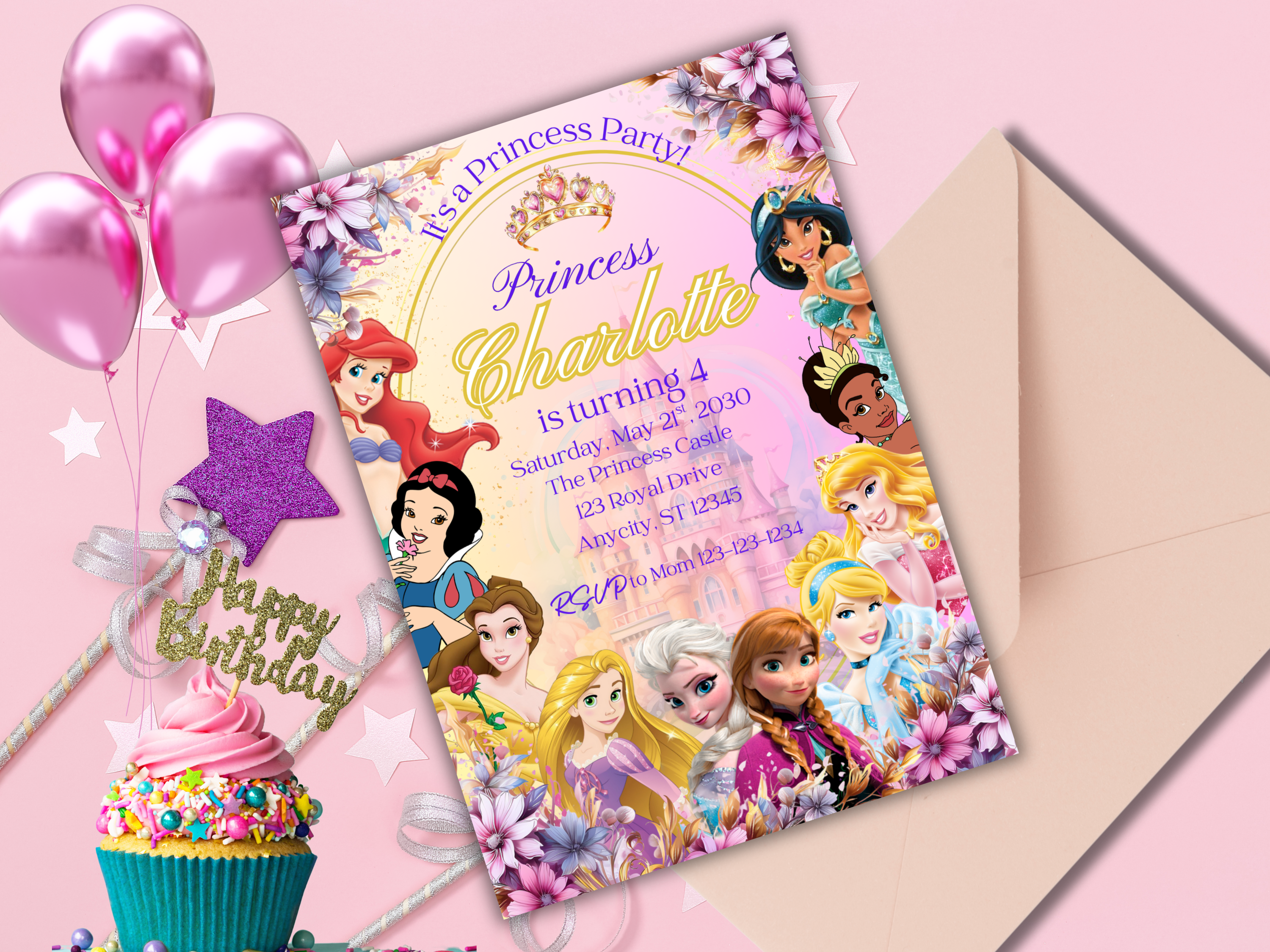 Editable Princess Birthday Invitation | Floral Royal Party Invite for Girls | Pastel Princess Canva Template | Instant Download Text Invitation  DPBP4