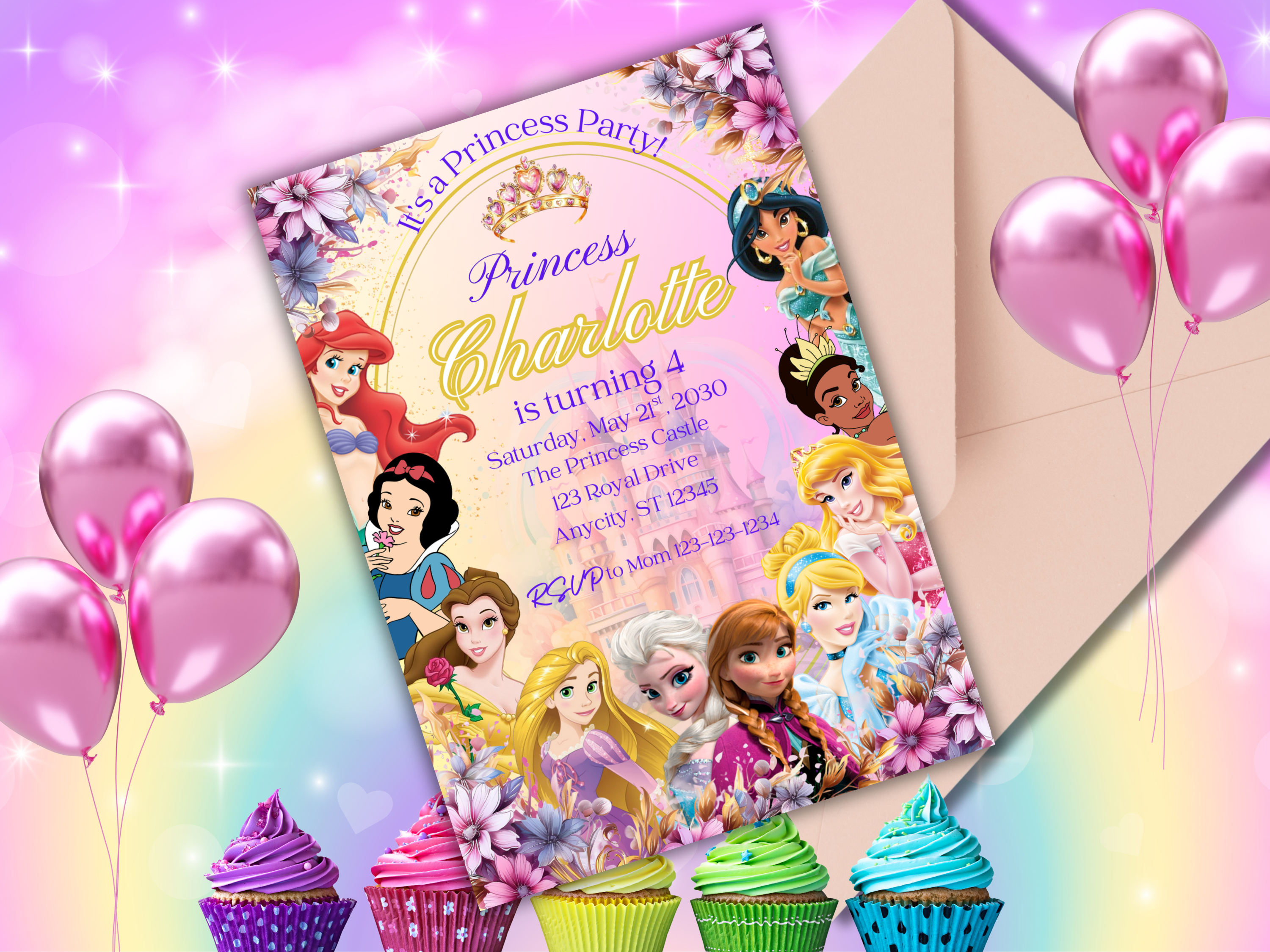Editable Princess Birthday Invitation | Floral Royal Party Invite for Girls | Pastel Princess Canva Template | Instant Download Text Invitation  DPBP4