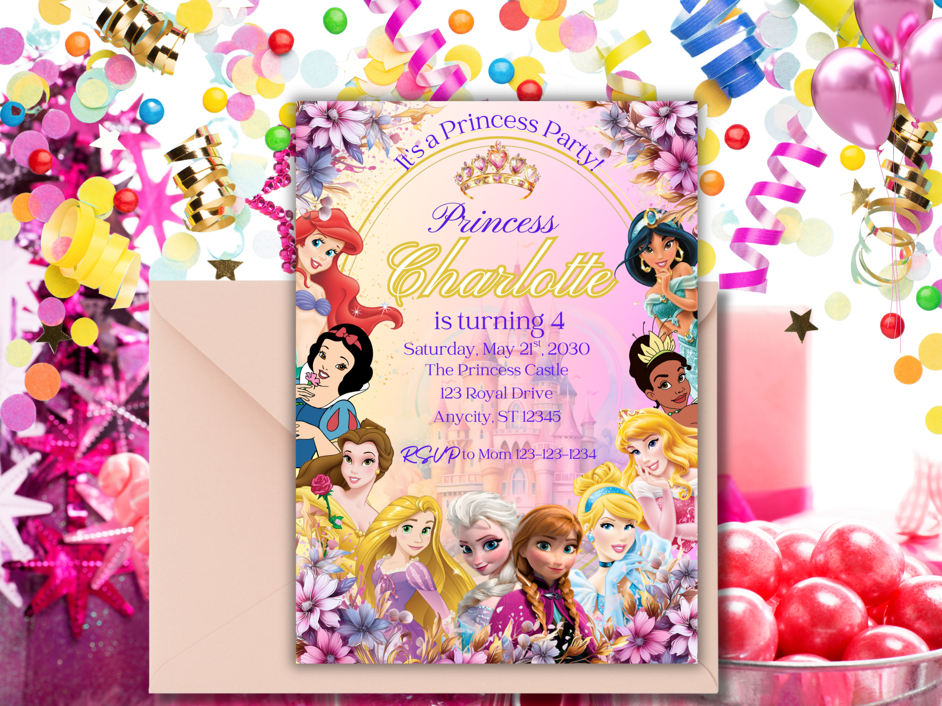Editable Princess Birthday Invitation | Floral Royal Party Invite for Girls | Pastel Princess Canva Template | Instant Download Text Invitation  DPBP4