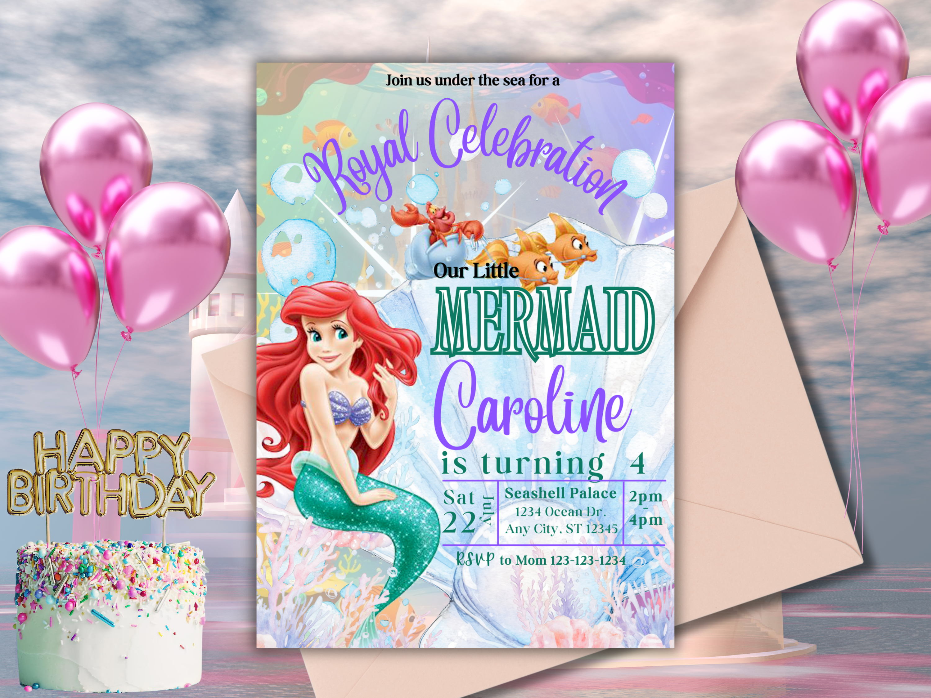 Little Mermaid Birthday Invitation | Editable Under the Sea Princess Party Invite | Instant Download Canva Template | Ariel-Inspired Digital Invite for Girls