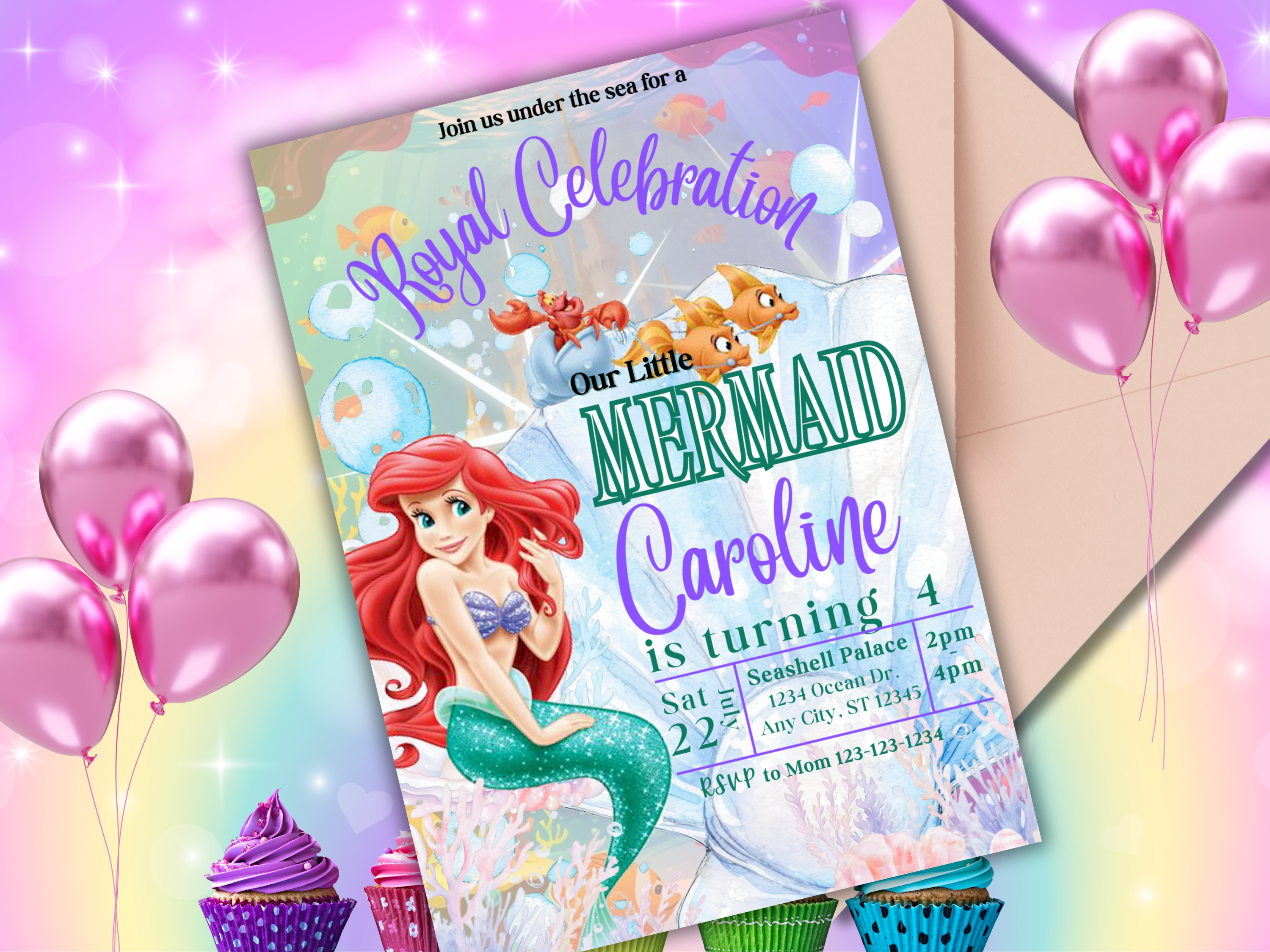 Little Mermaid Birthday Invitation | Editable Under the Sea Princess Party Invite | Instant Download Canva Template | Ariel-Inspired Digital Invite for Girls
