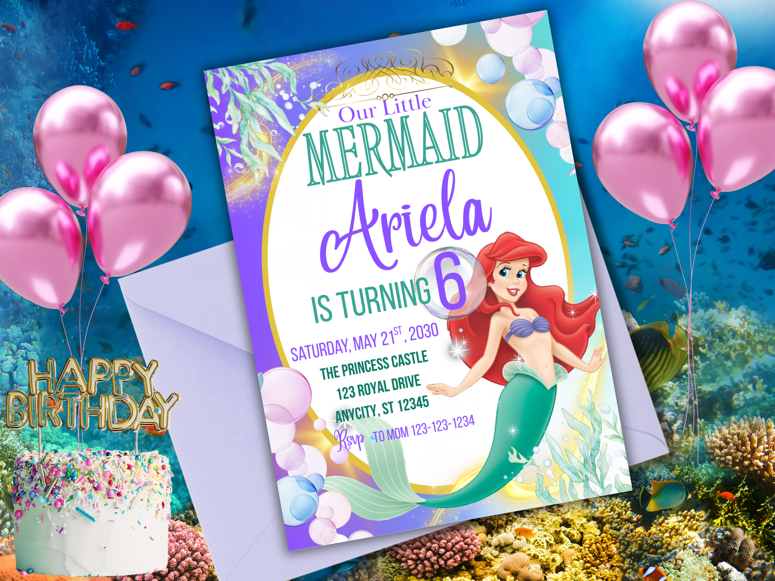 Little Mermaid Birthday Invitation | Editable Under the Sea Princess Party Invite | Instant Download Canva Template | Ariel-Inspired Digital Invite for Girls