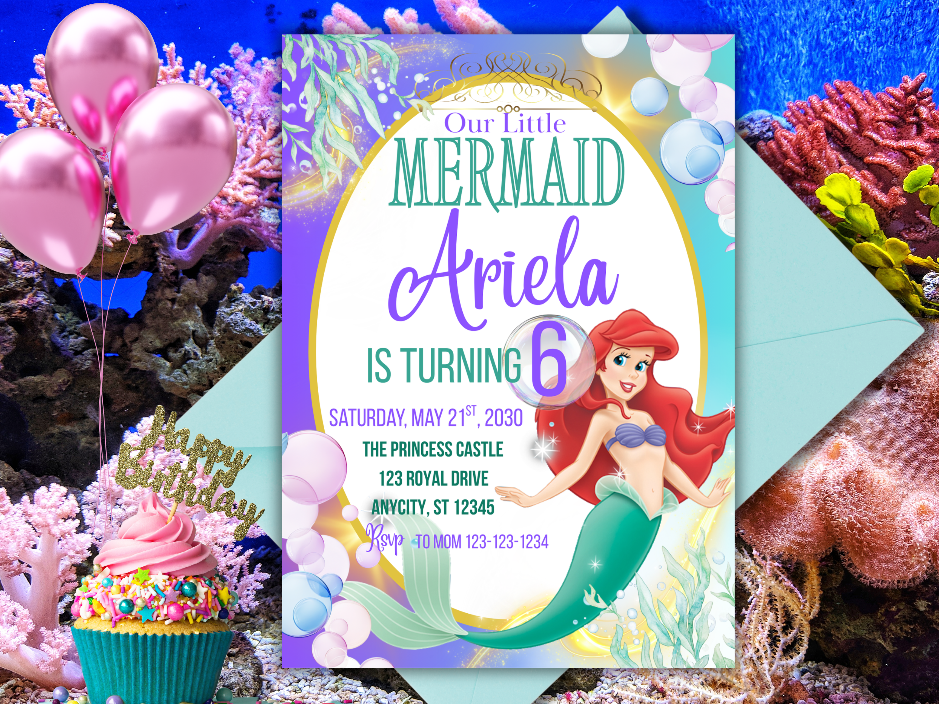 Little Mermaid Birthday Invitation | Editable Under the Sea Princess Party Invite | Instant Download Canva Template | Ariel-Inspired Digital Invite for Girls