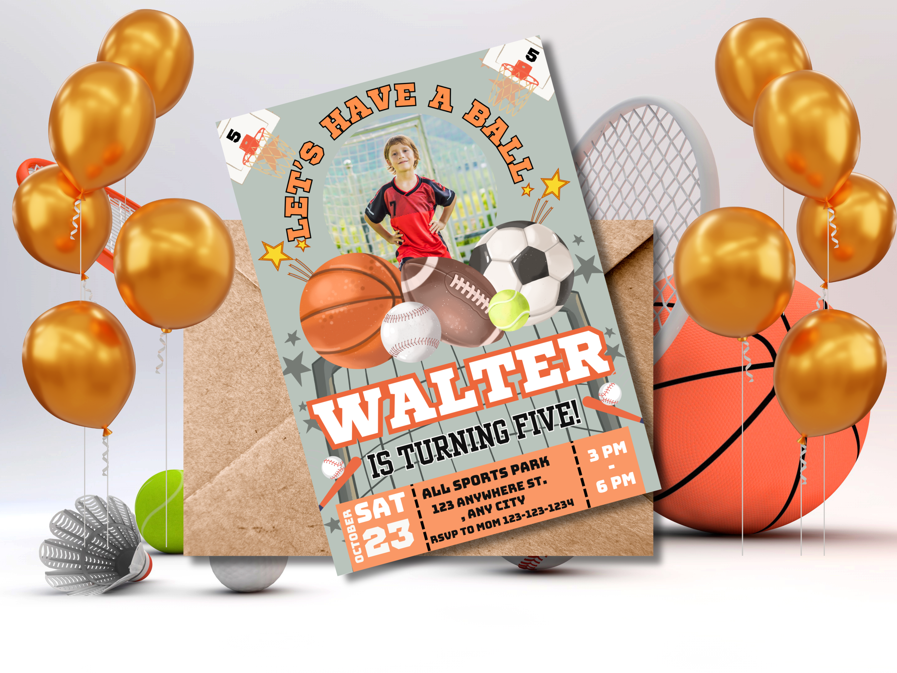 Sports Birthday Invitation with Photo - Editable Canva Template -Ball Sports Party Invite, Basketball, Soccer, Football & Baseball Printable