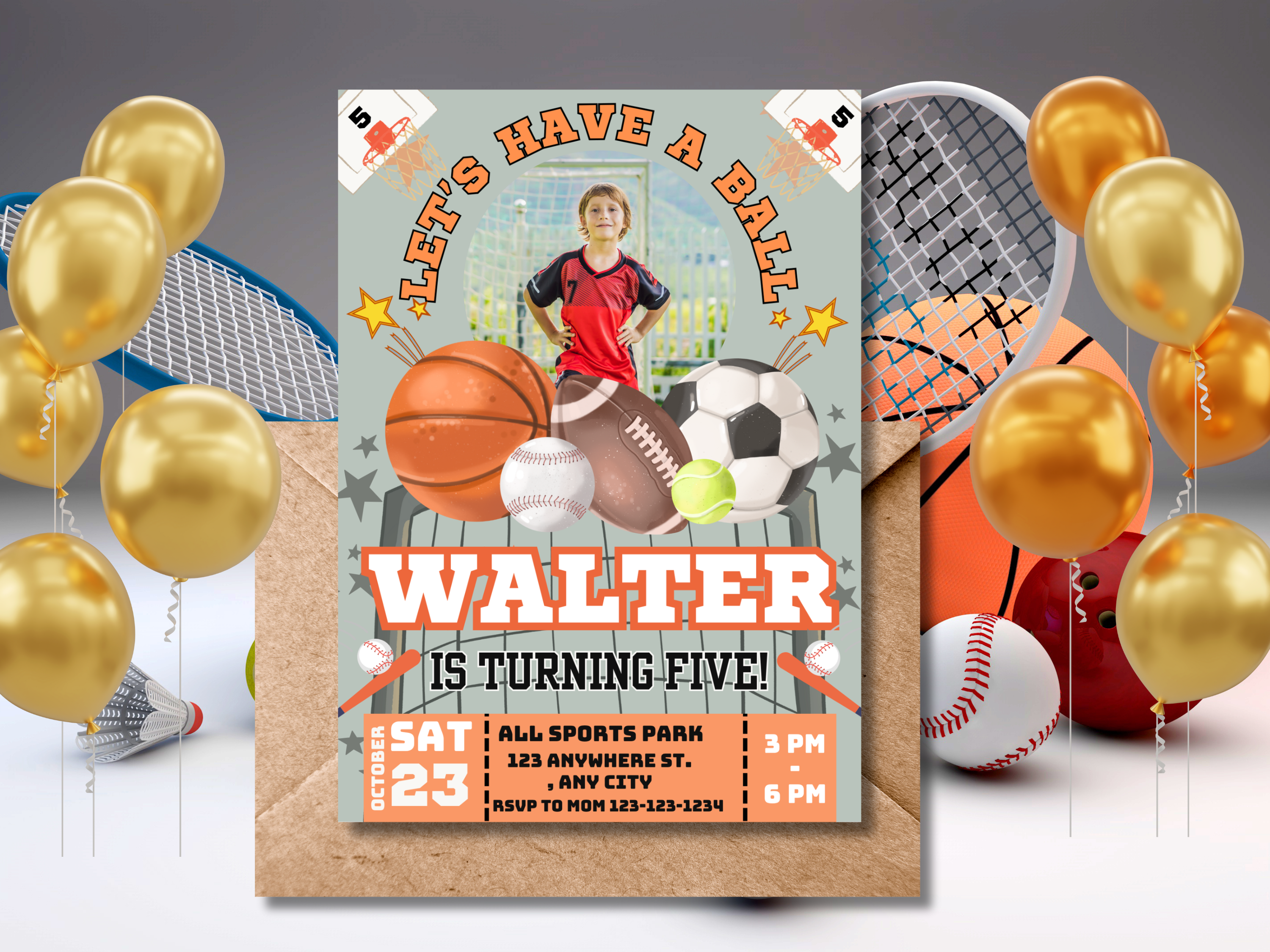 Sports Birthday Invitation with Photo - Editable Canva Template -Ball Sports Party Invite, Basketball, Soccer, Football & Baseball Printable