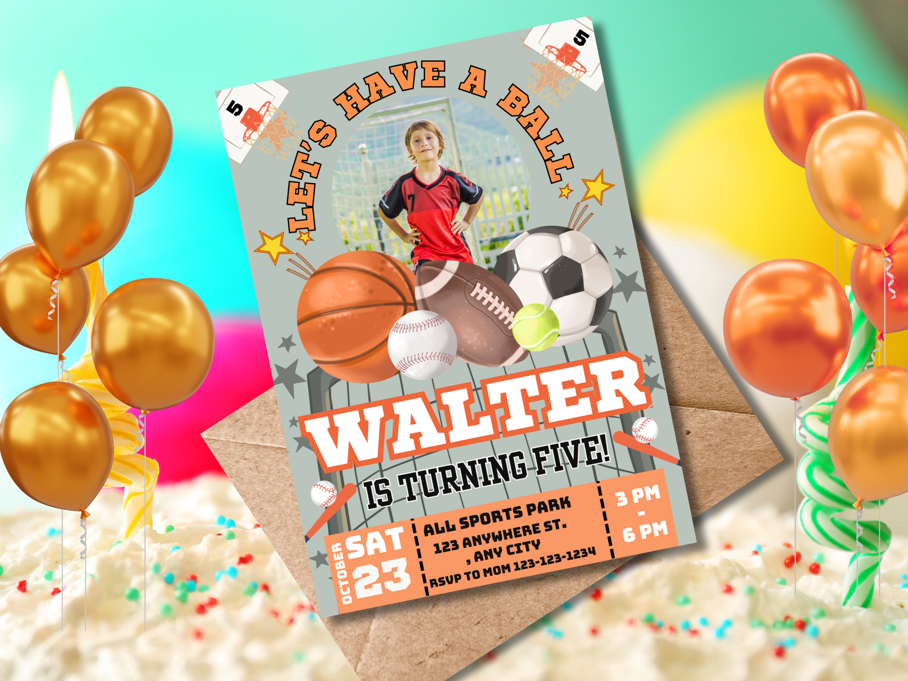 Sports Birthday Invitation with Photo - Editable Canva Template -Ball Sports Party Invite, Basketball, Soccer, Football & Baseball Printable