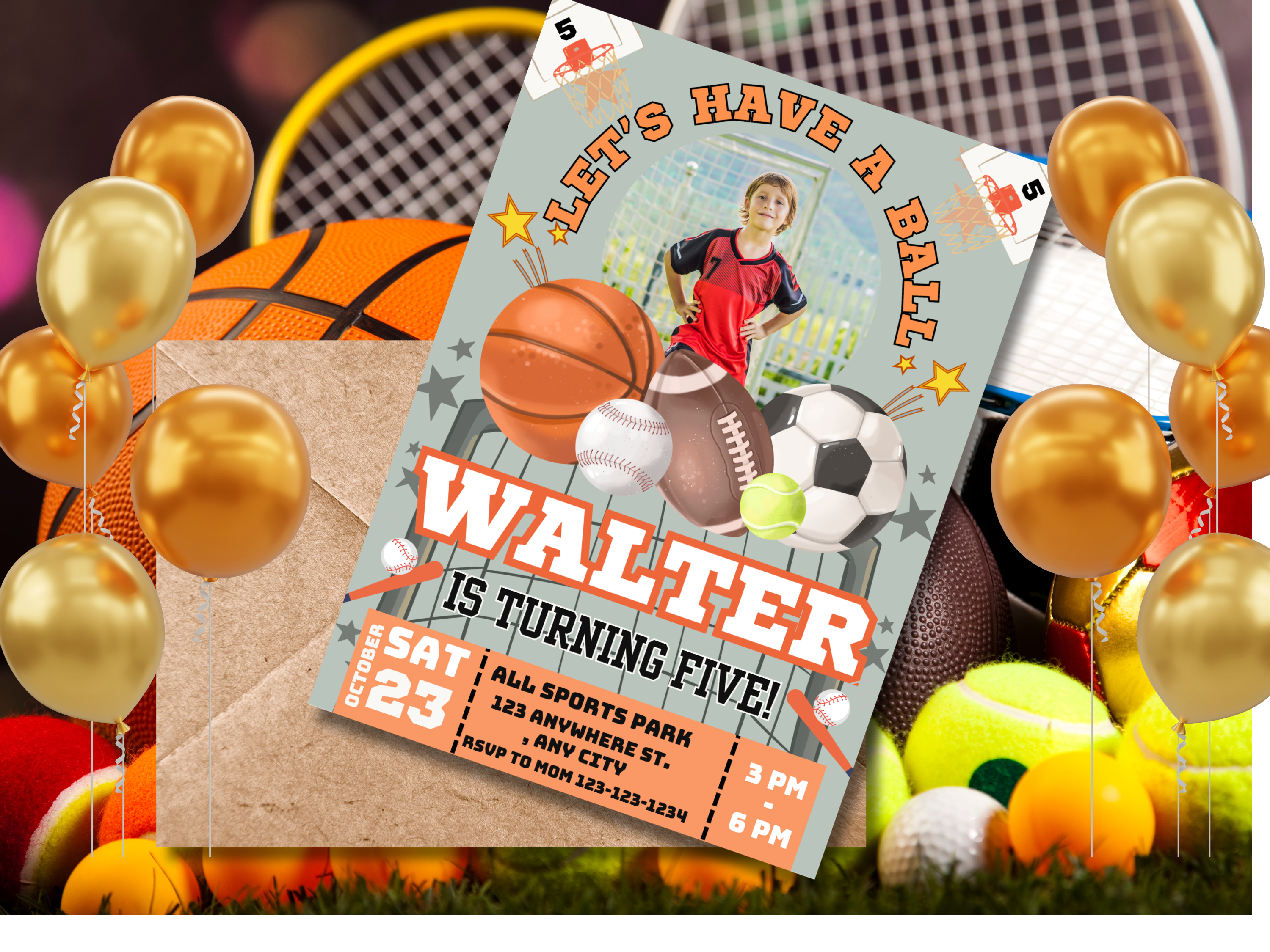 Sports Birthday Invitation with Photo - Editable Canva Template -Ball Sports Party Invite, Basketball, Soccer, Football & Baseball Printable