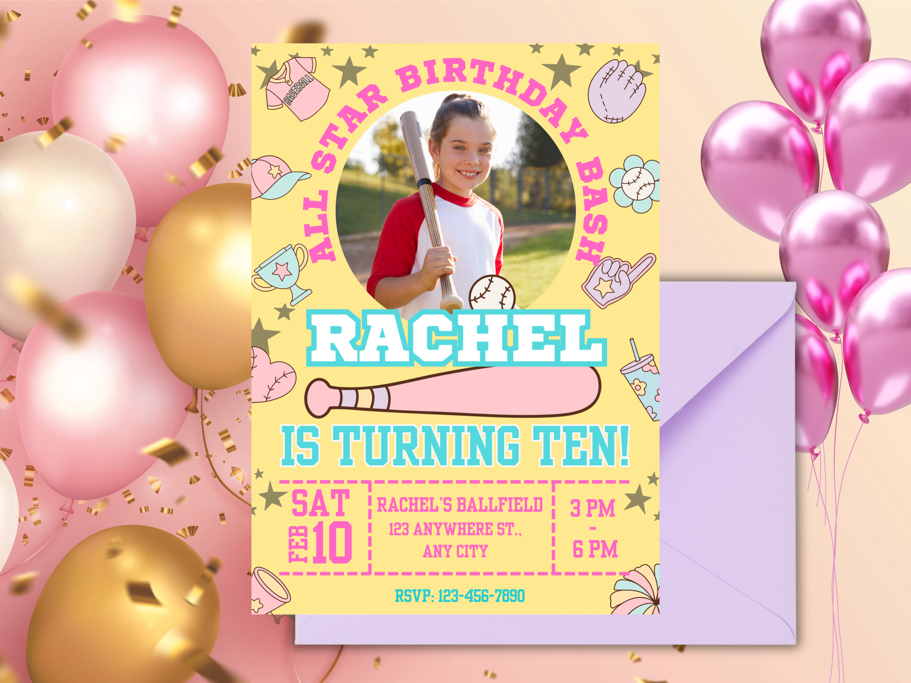 Girls Softball Birthday Invitation Editable Canva Template with Photo | Digital Download, Printable Softball Party Invite for Girls