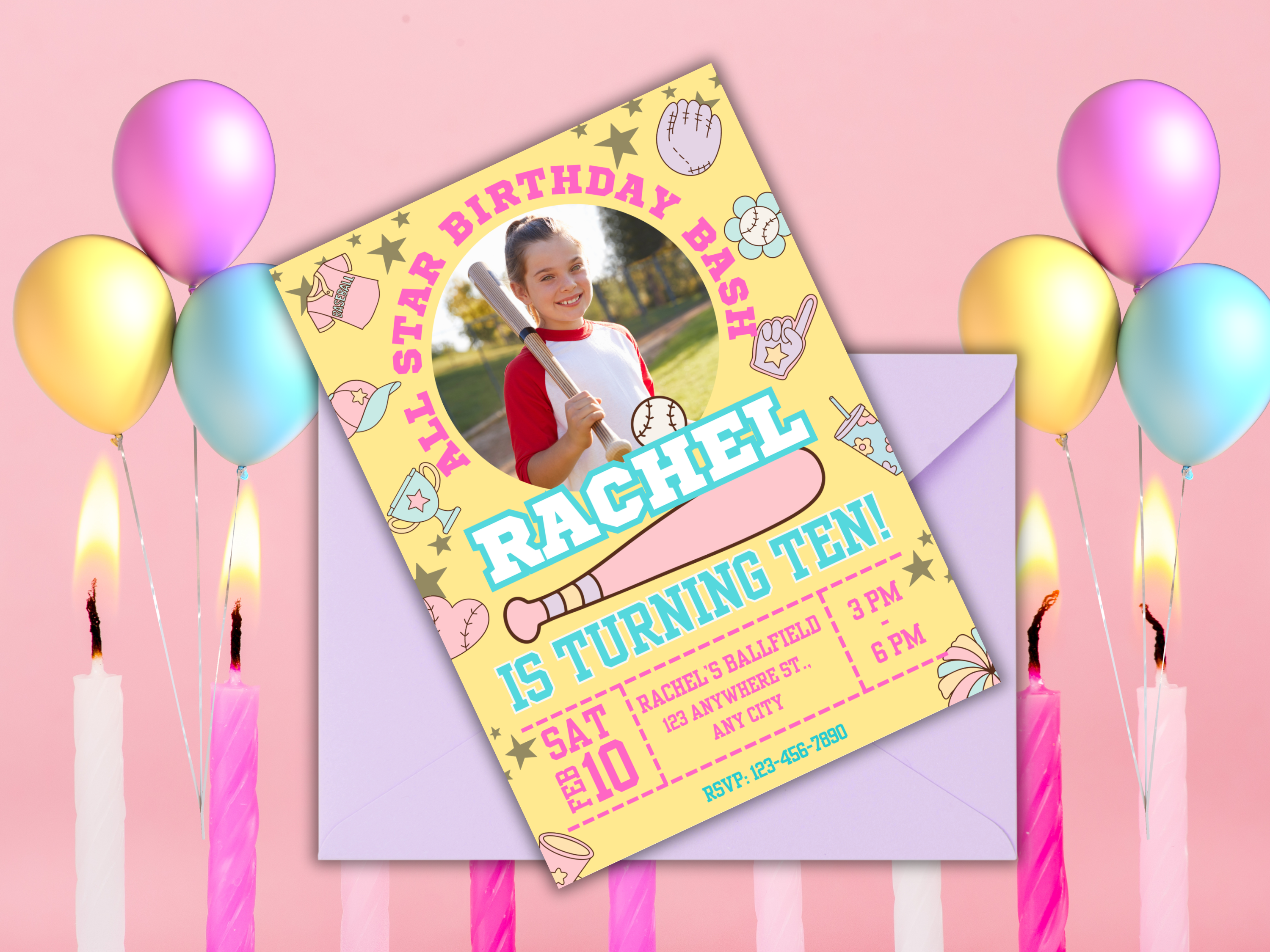 Girls Softball Birthday Invitation Editable Canva Template with Photo | Digital Download, Printable Softball Party Invite for Girls