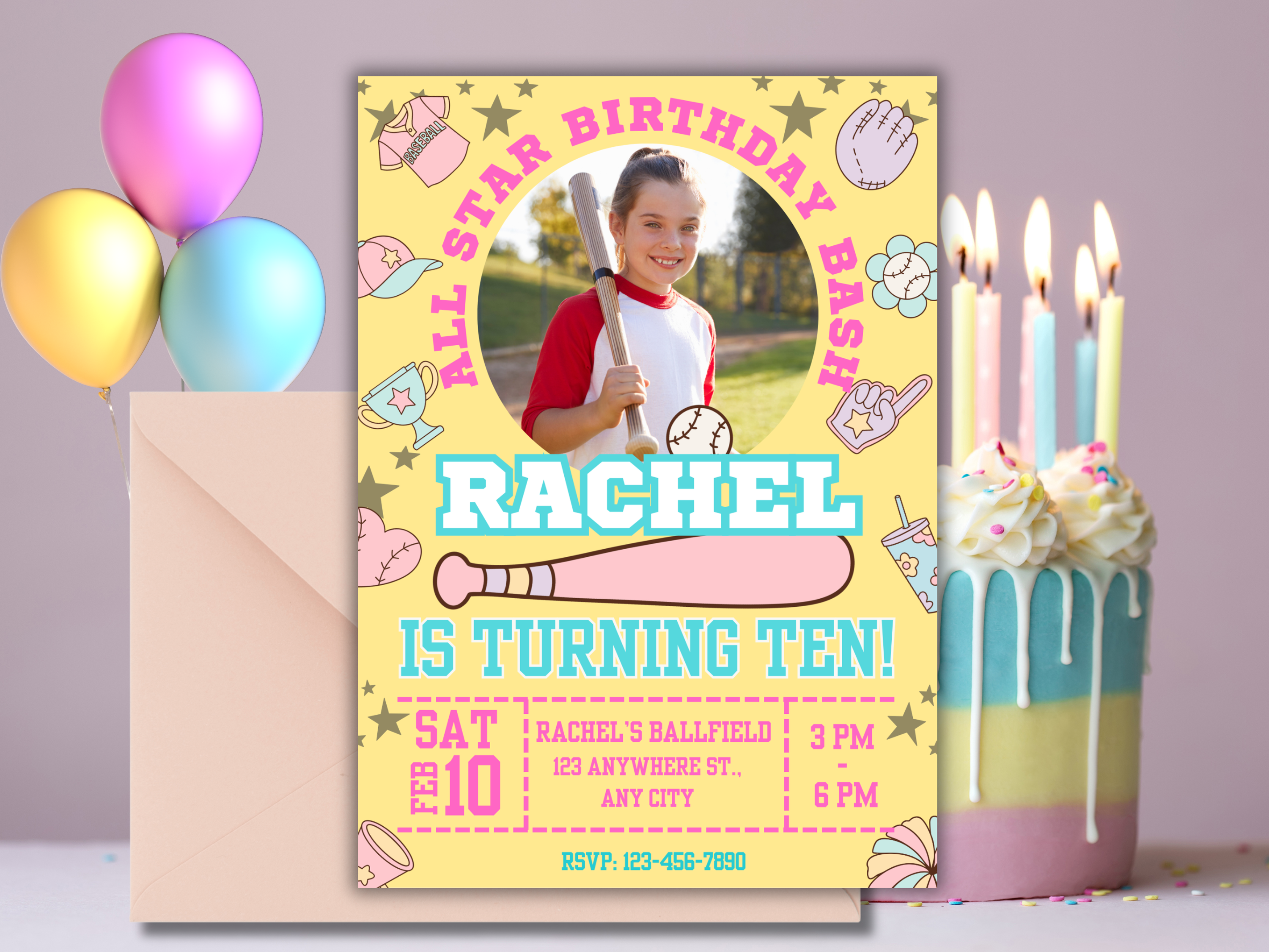 Girls Softball Birthday Invitation Editable Canva Template with Photo | Digital Download, Printable Softball Party Invite for Girls