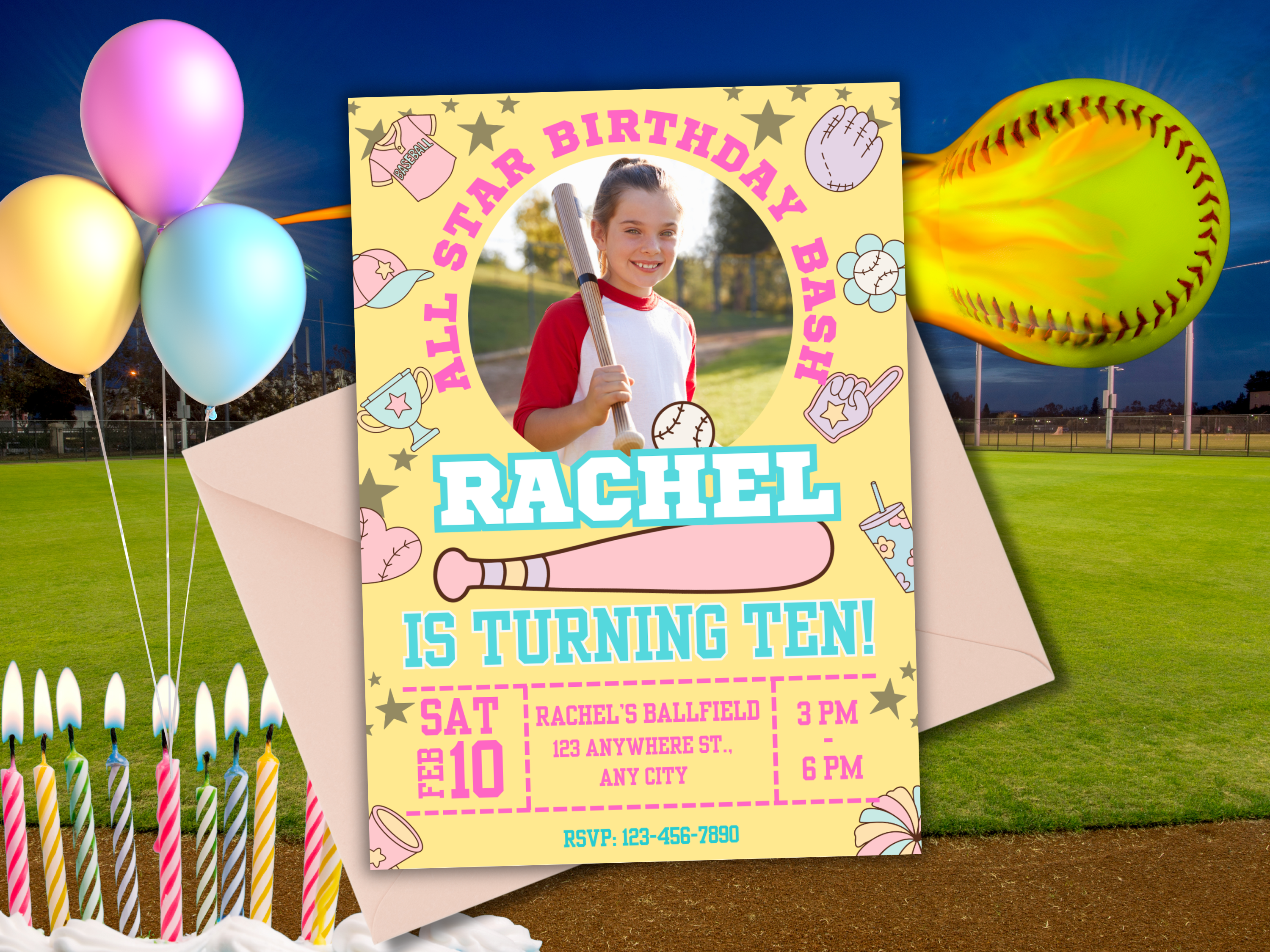 Girls Softball Birthday Invitation Editable Canva Template with Photo | Digital Download, Printable Softball Party Invite for Girls