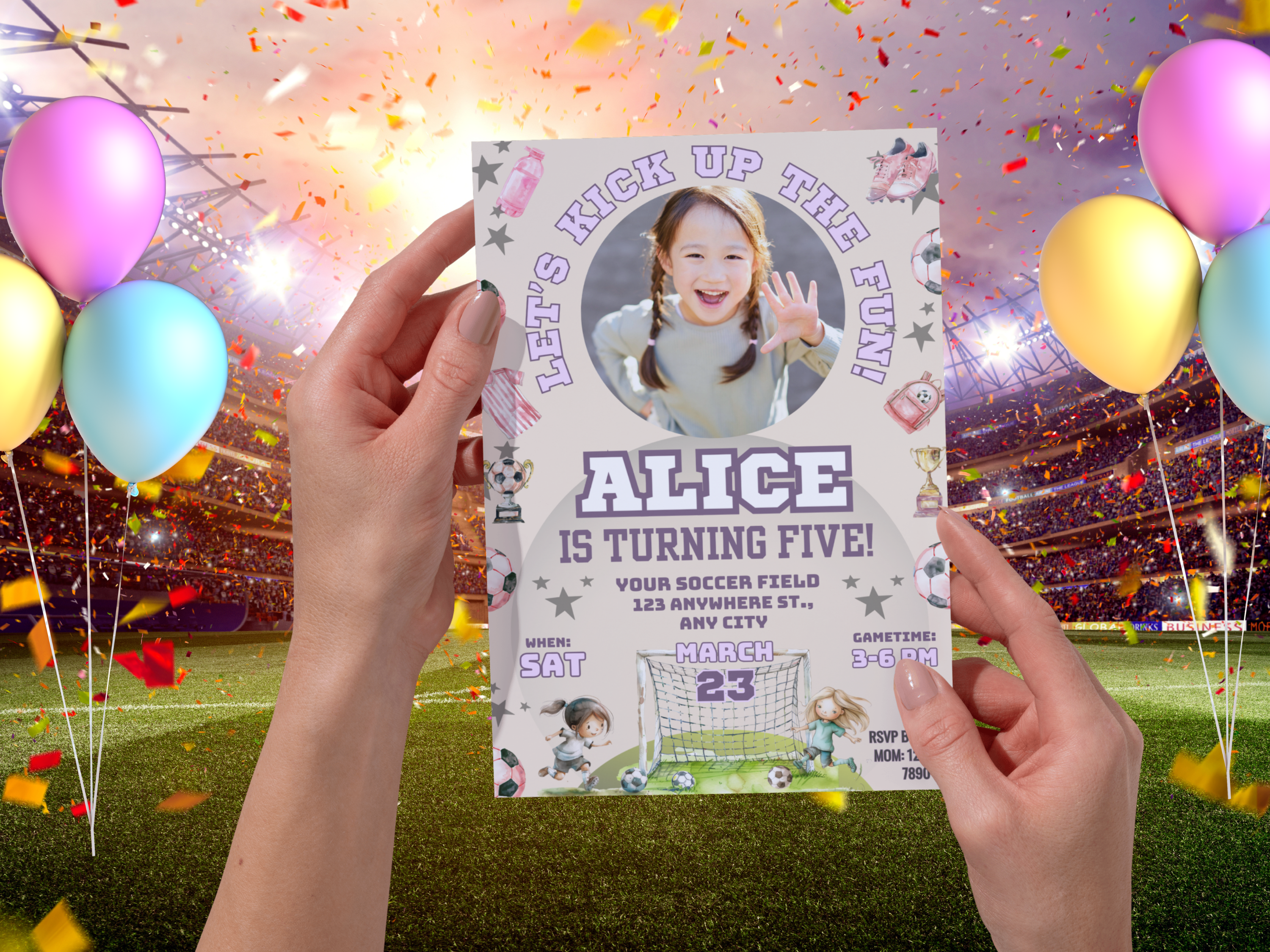 Girls Soccer Birthday Invitation with Photo – Editable Purple Soccer Ball Party Invite – Digital Download Canva Template