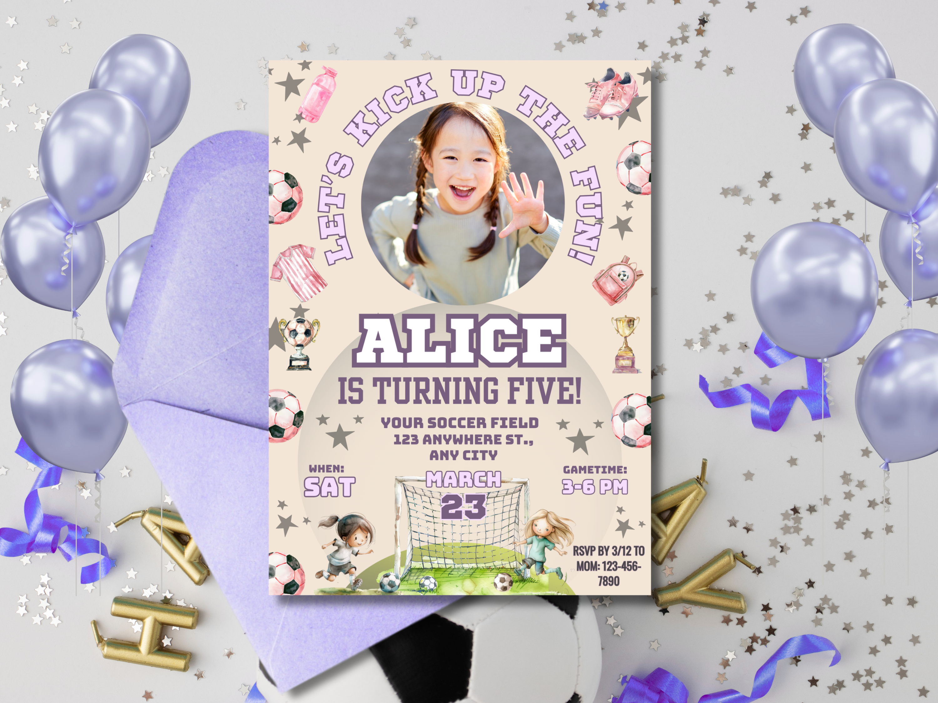 Girls Soccer Birthday Invitation with Photo – Editable Purple Soccer Ball Party Invite – Digital Download Canva Template