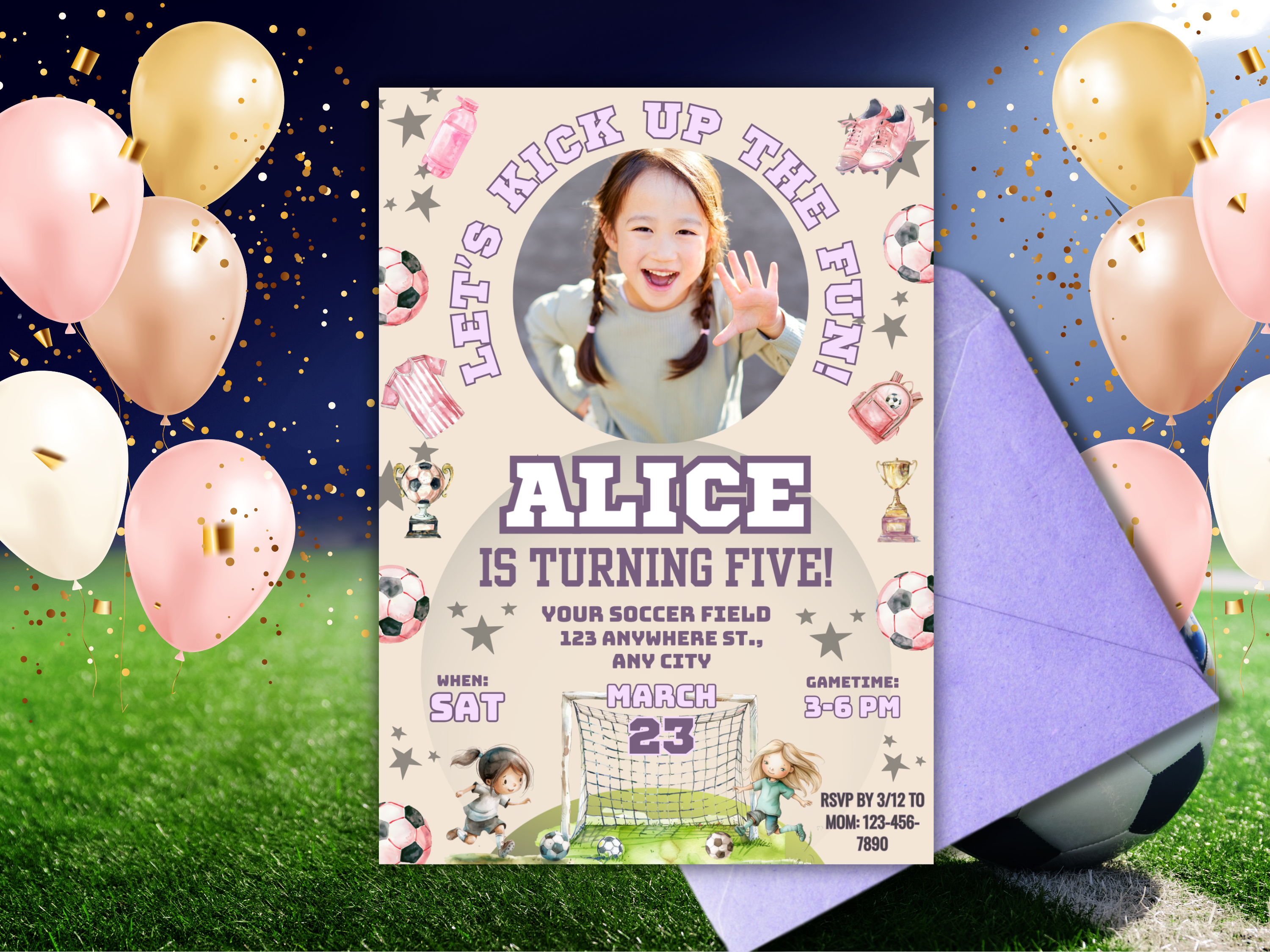 Girls Soccer Birthday Invitation with Photo – Editable Purple Soccer Ball Party Invite – Digital Download Canva Template