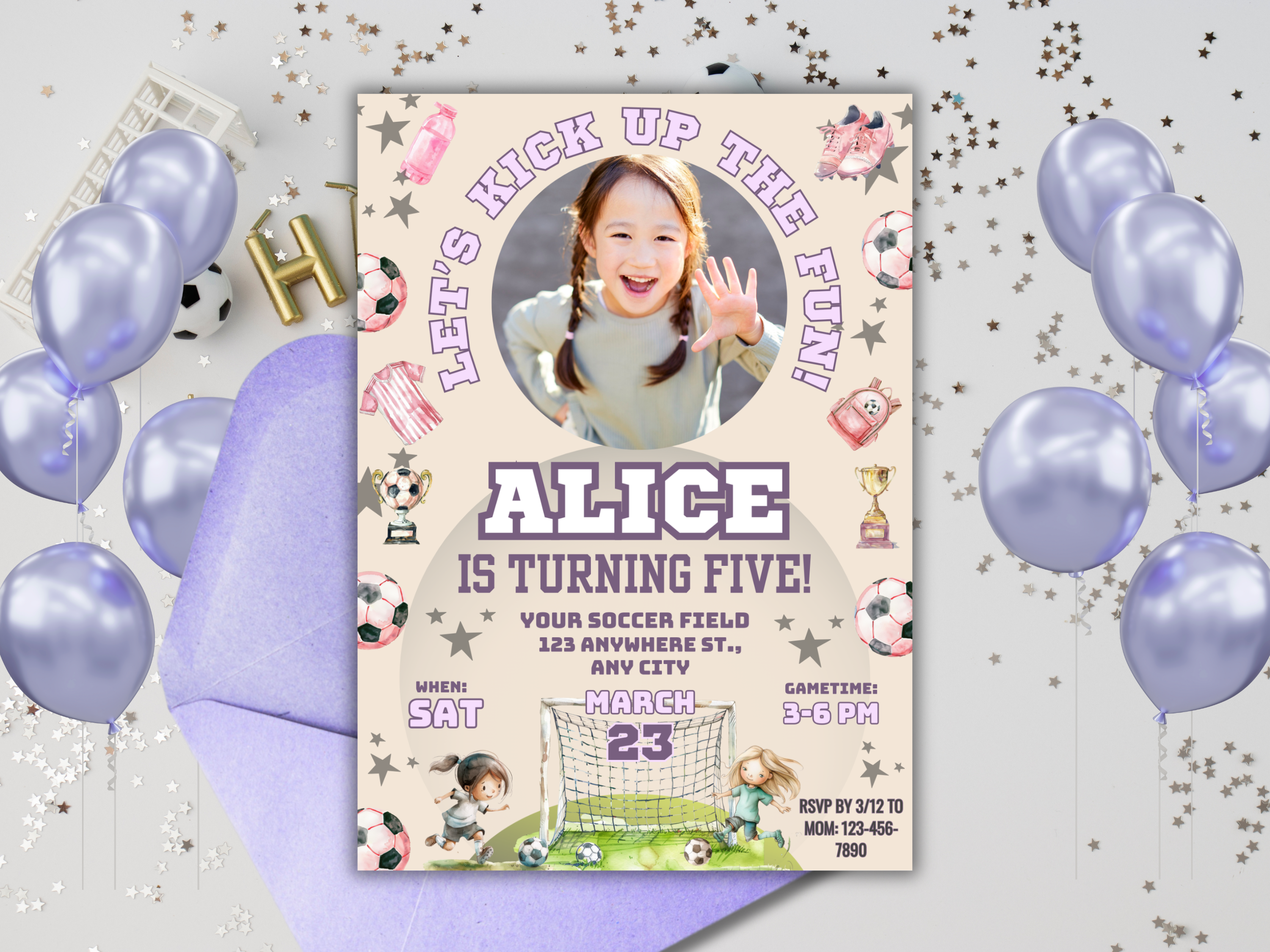 Girls Soccer Birthday Invitation with Photo – Editable Purple Soccer Ball Party Invite – Digital Download Canva Template