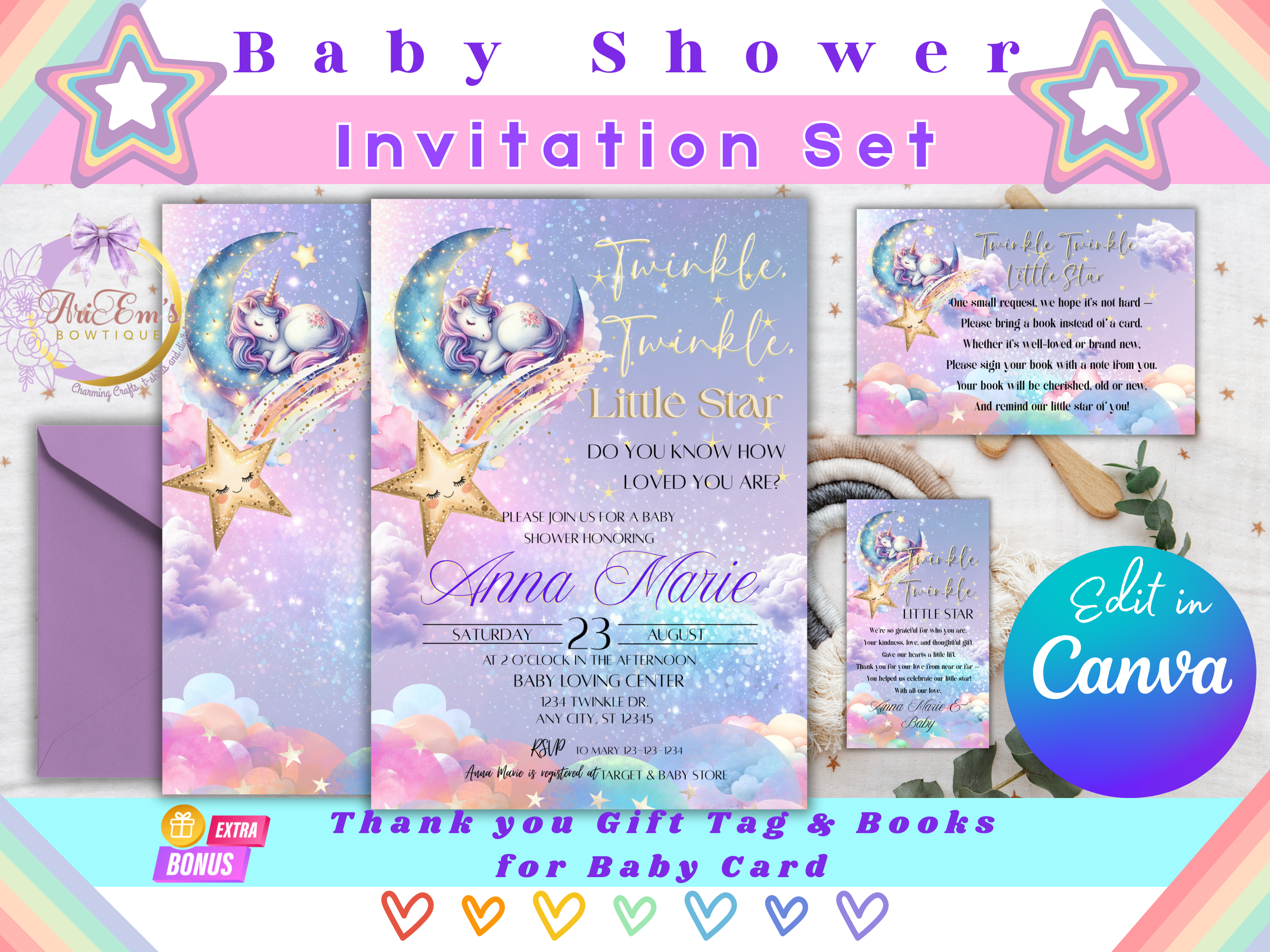 Unicorn Baby Shower Invitation Template Bundle | Editable Canva Twinkle Little Star Invite & Thank You Tag Books for Baby Card | TLBS1