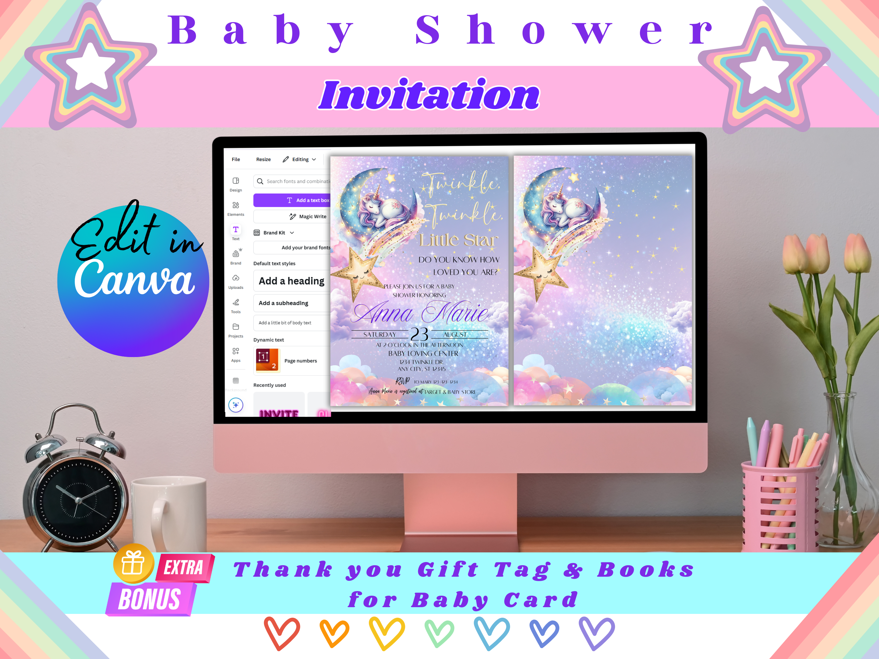 Unicorn Baby Shower Invitation Template Bundle | Editable Canva Twinkle Little Star Invite & Thank You Tag Books for Baby Card | TLBS1