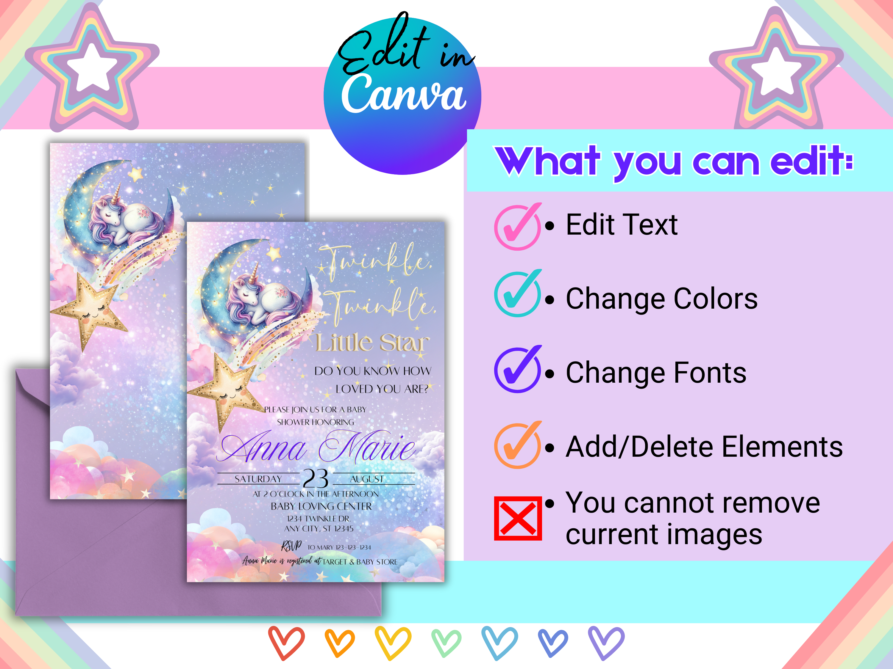 Unicorn Baby Shower Invitation Template Bundle | Editable Canva Twinkle Little Star Invite & Thank You Tag Books for Baby Card | TLBS1