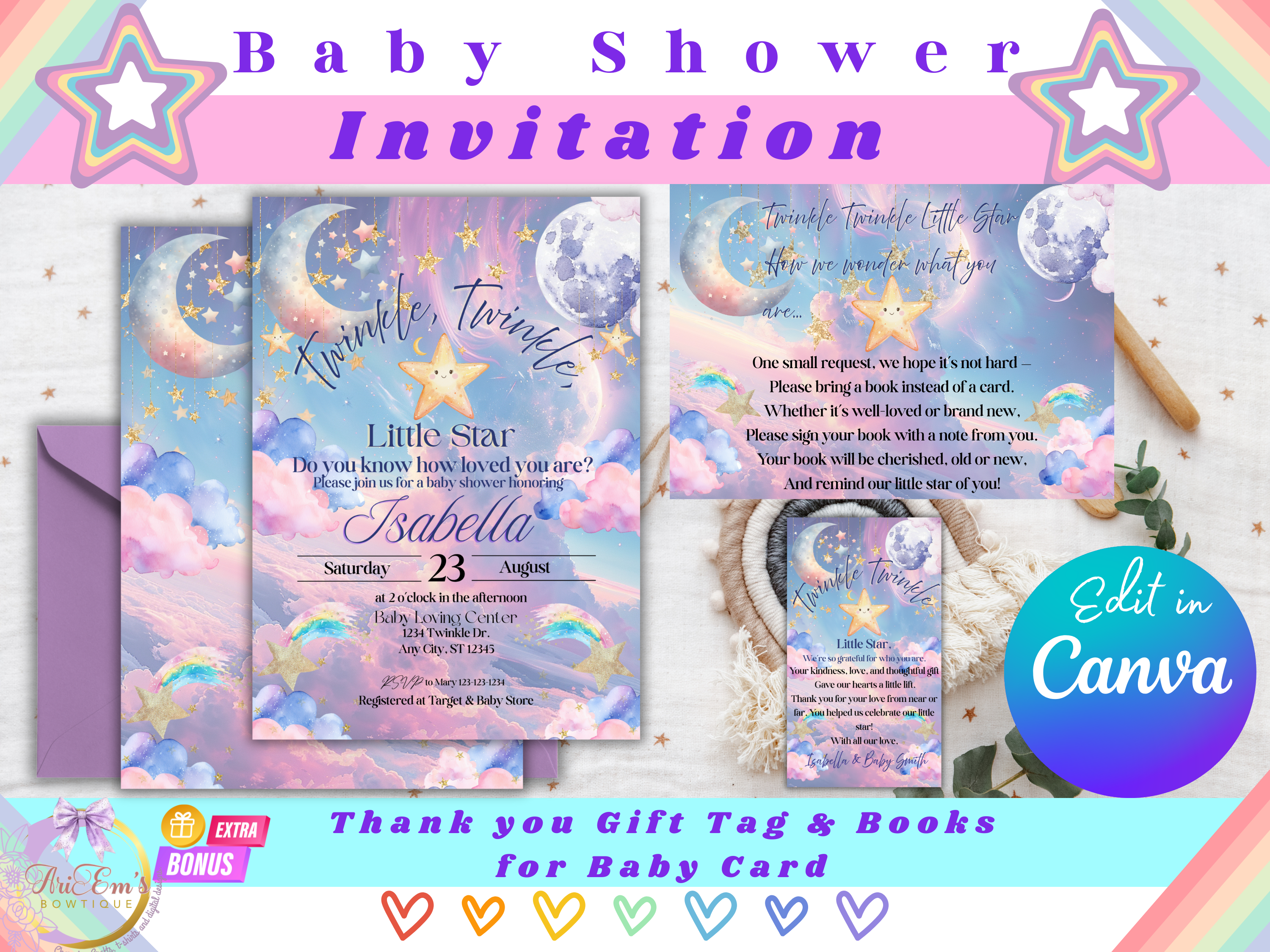 Twinkle Twinkle Little Star Baby Shower Invitation Template Bundle | Editable Canva Invite Front Back | Thank You Tag & Books for Baby Card