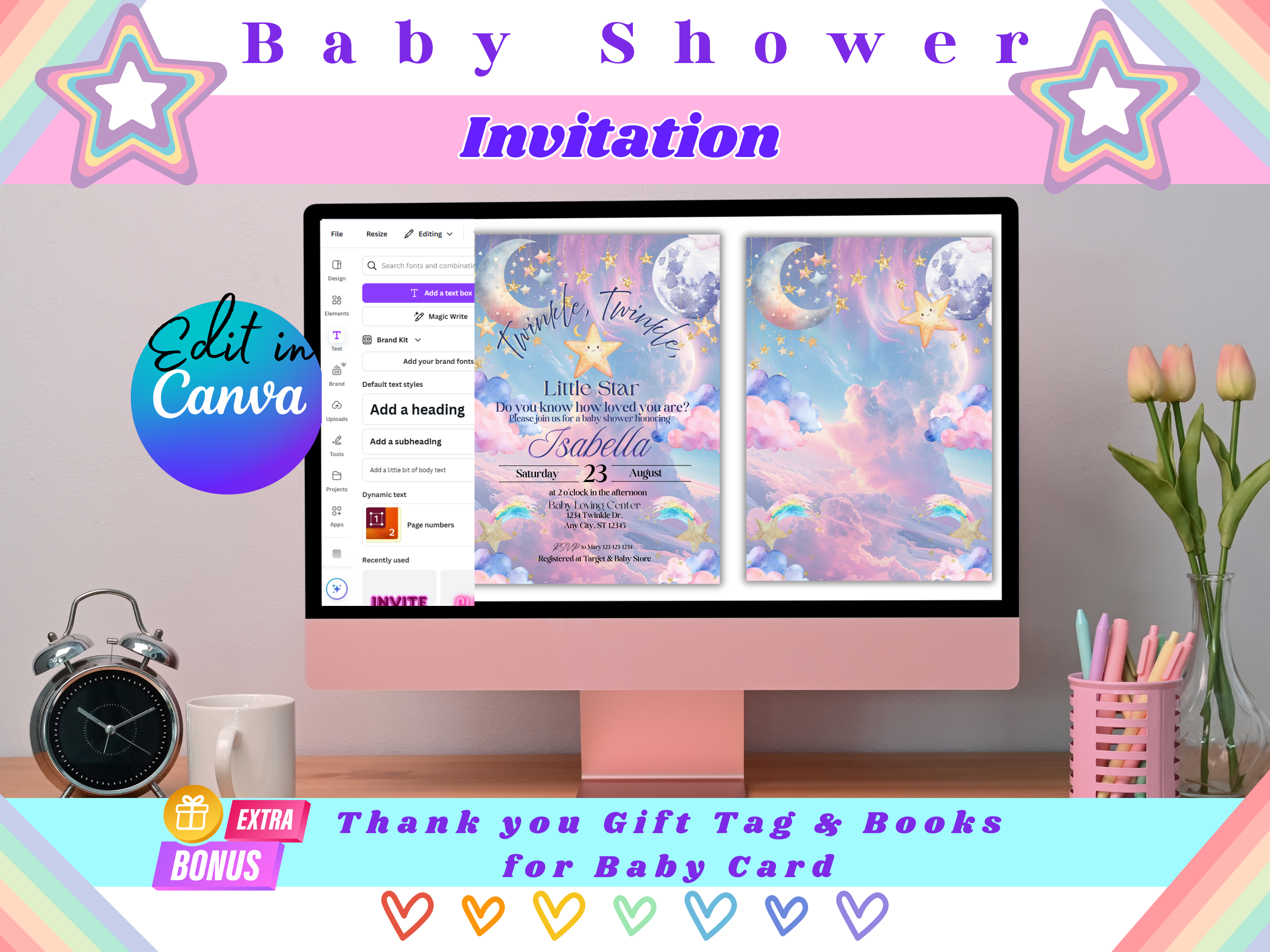 Twinkle Twinkle Little Star Baby Shower Invitation Template Bundle | Editable Canva Invite Front Back | Thank You Tag & Books for Baby Card