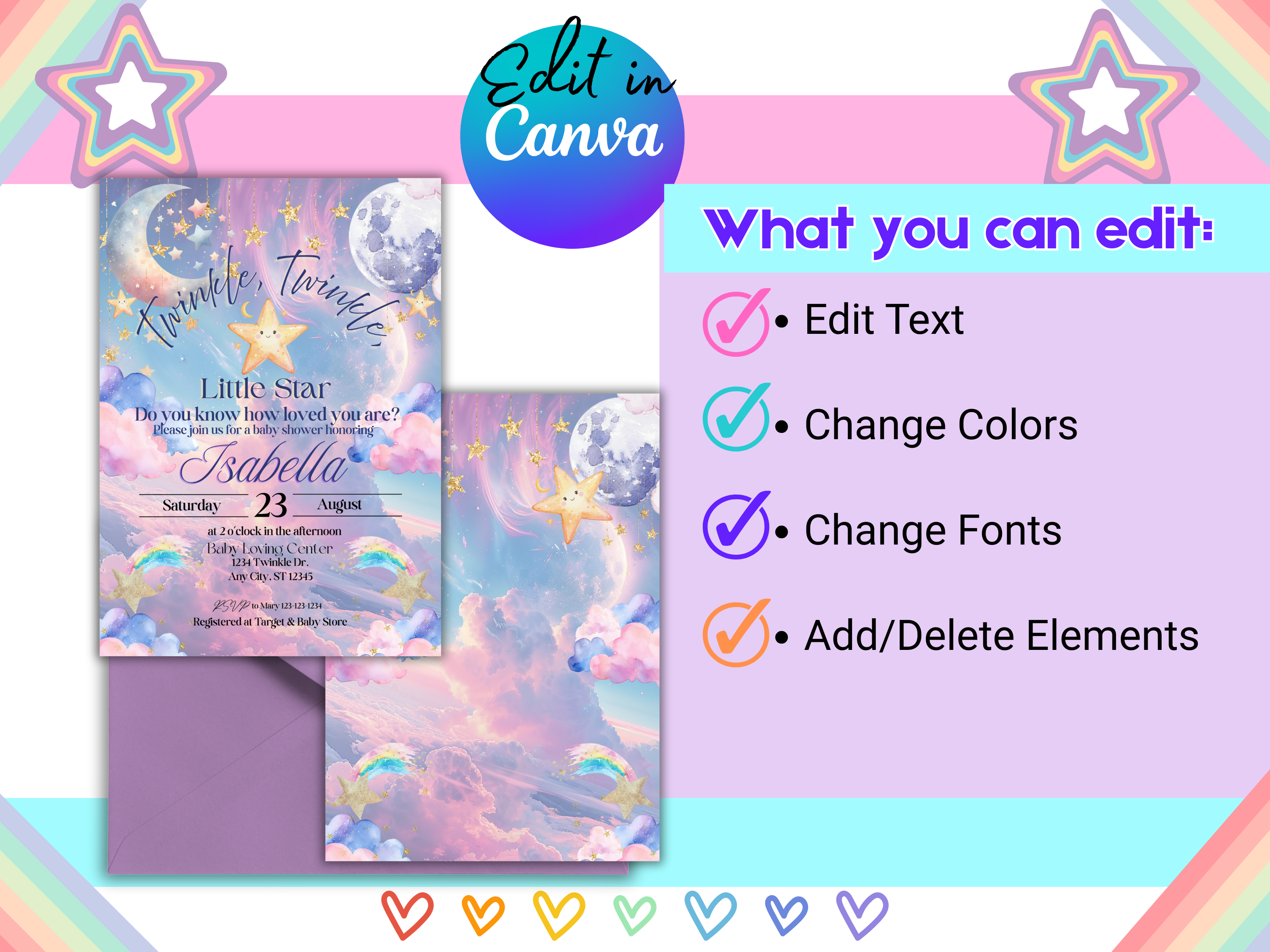 Twinkle Twinkle Little Star Baby Shower Invitation Template Bundle | Editable Canva Invite Front Back | Thank You Tag & Books for Baby Card