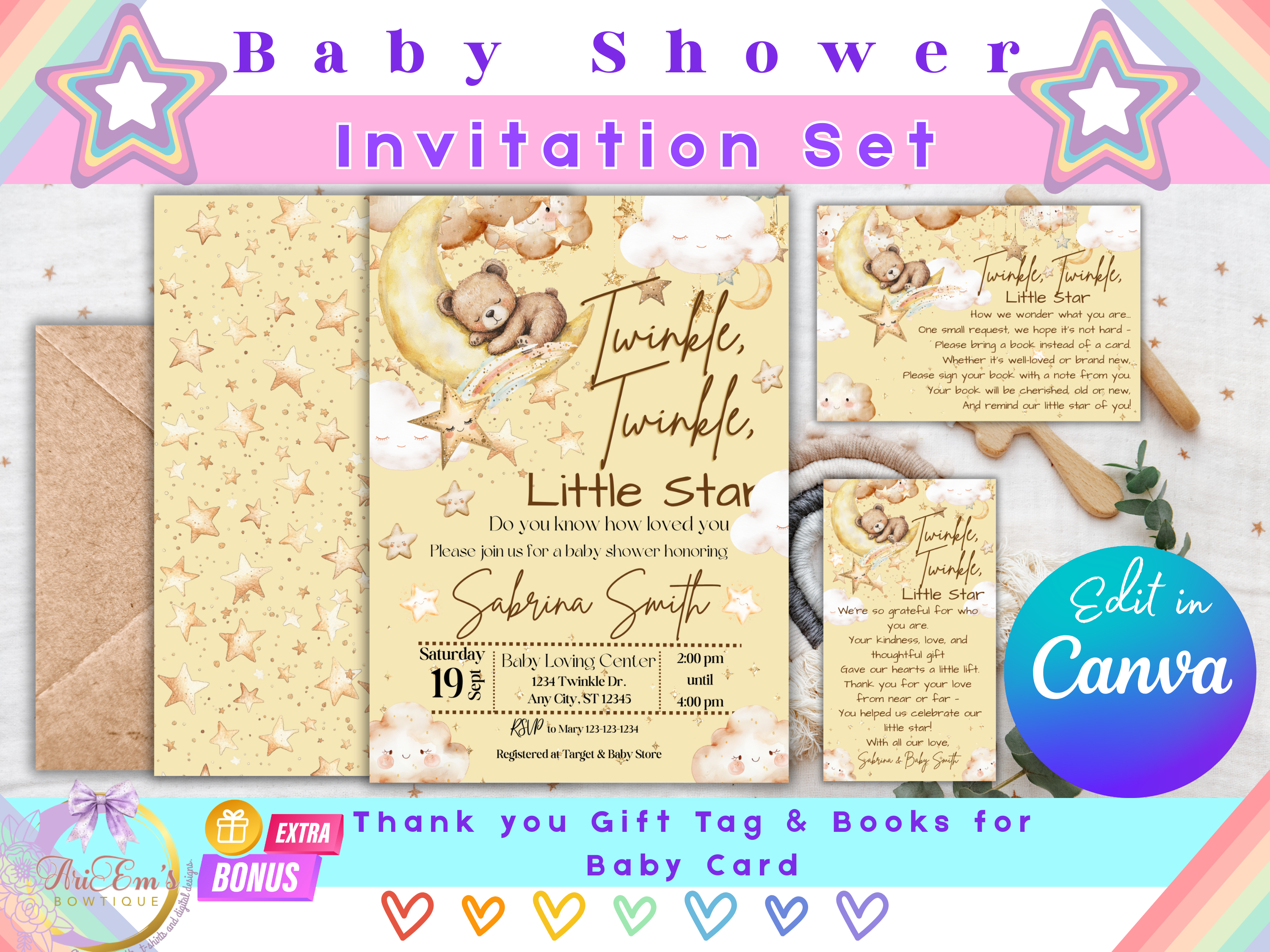 Twinkle Twinkle Little Star Bear Moon Baby Shower Invitation Template Bundle | Editable Canva Invite Front Back | Thank You Tag & Books for Baby Card TLBS4