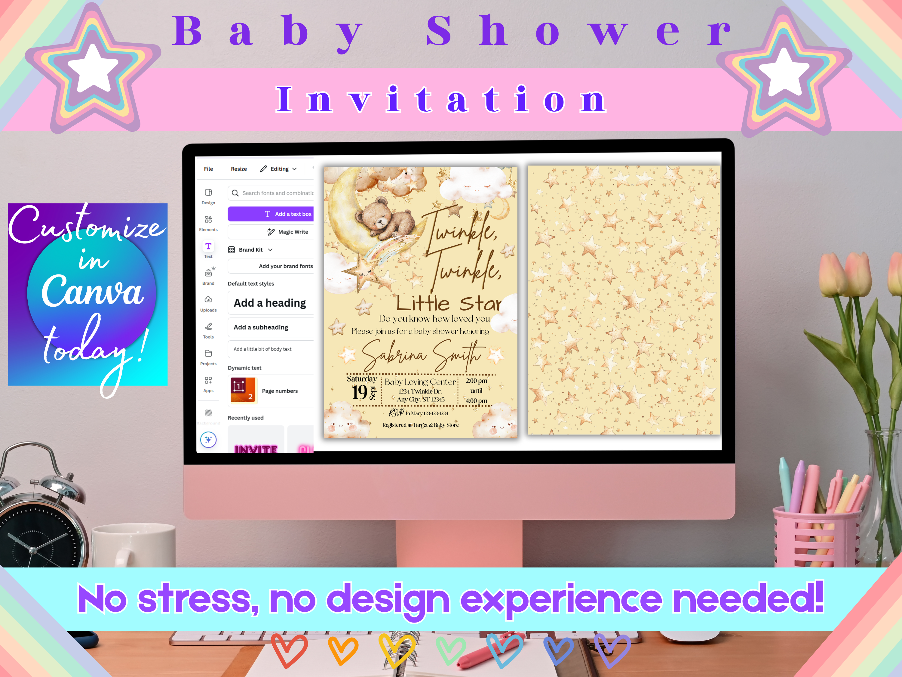 Twinkle Twinkle Little Star Bear Moon Baby Shower Invitation Template Bundle | Editable Canva Invite Front Back | Thank You Tag & Books for Baby Card TLBS4