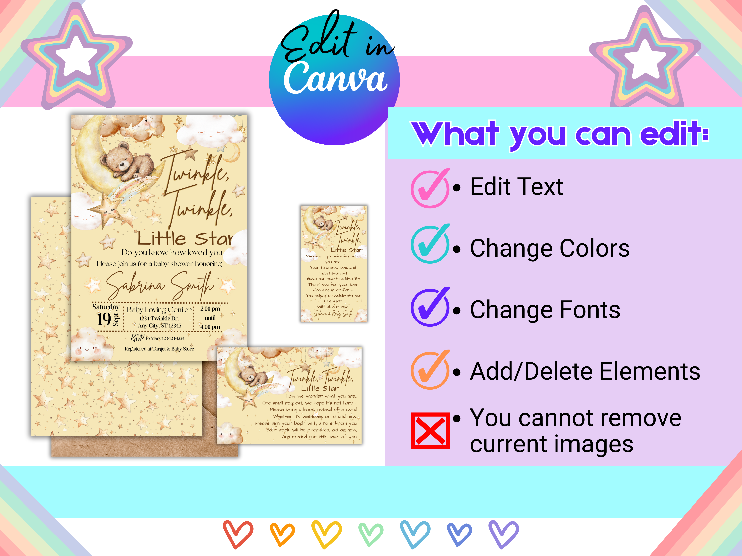 Twinkle Twinkle Little Star Bear Moon Baby Shower Invitation Template Bundle | Editable Canva Invite Front Back | Thank You Tag & Books for Baby Card TLBS4