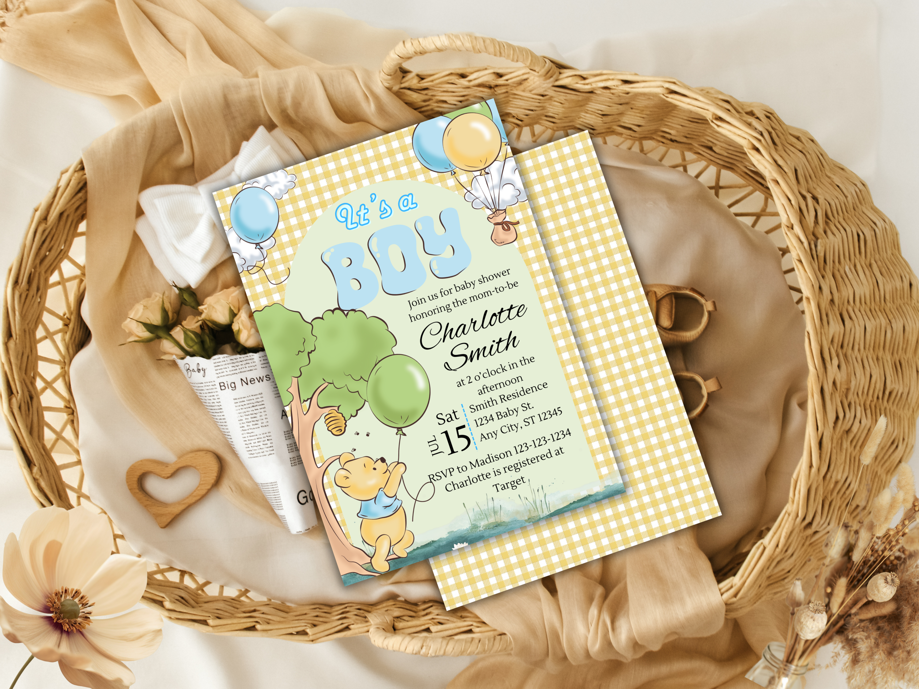 Winnie the Pooh Baby Shower Invitation Boy | Editable Canva Template Gingham Plaid Baby Party Invite Digital Download