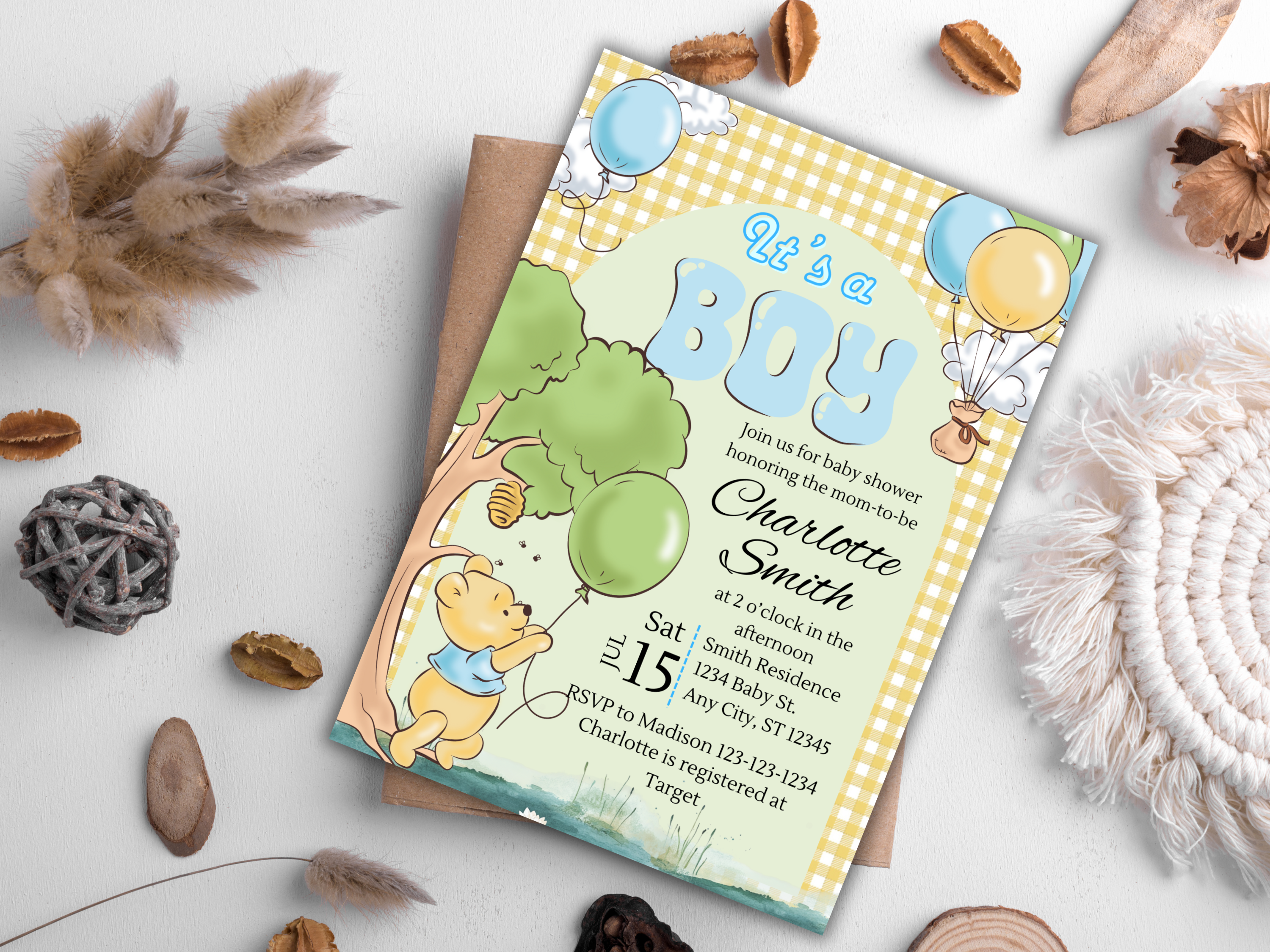 Winnie the Pooh Baby Shower Invitation Boy | Editable Canva Template Gingham Plaid Baby Party Invite Digital Download