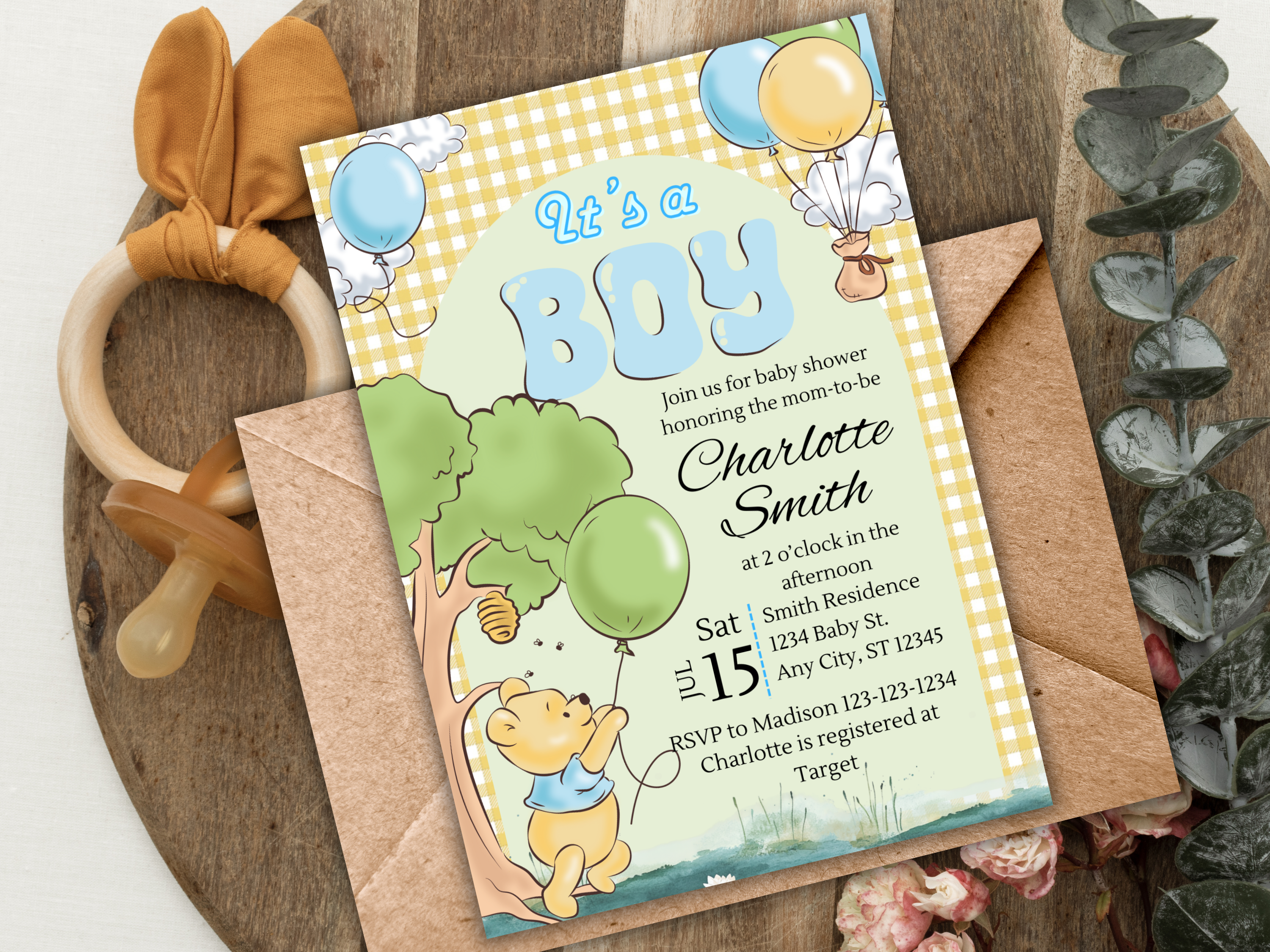 Winnie the Pooh Baby Shower Invitation Boy | Editable Canva Template Gingham Plaid Baby Party Invite Digital Download