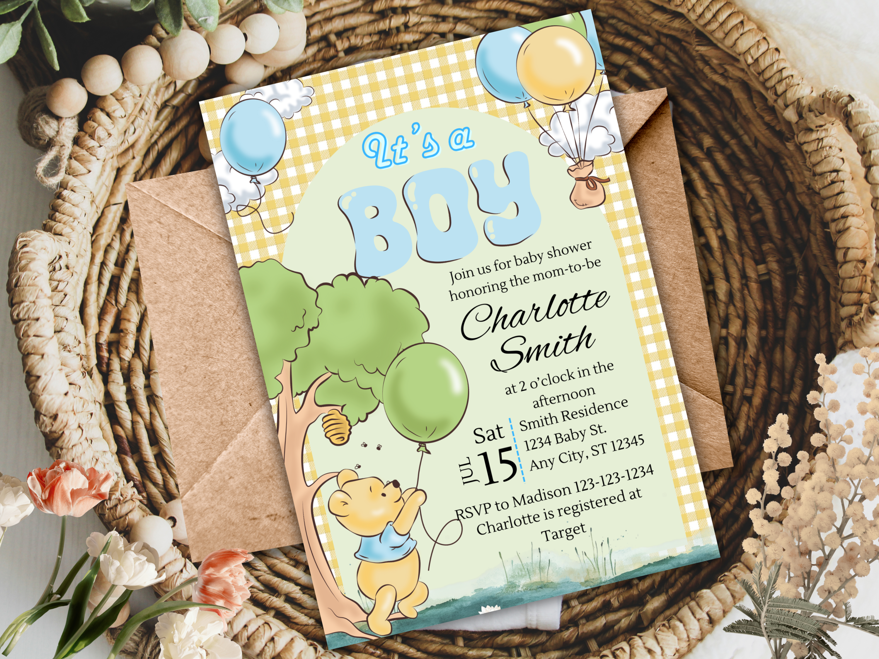 Winnie the Pooh Baby Shower Invitation Boy | Editable Canva Template Gingham Plaid Baby Party Invite Digital Download