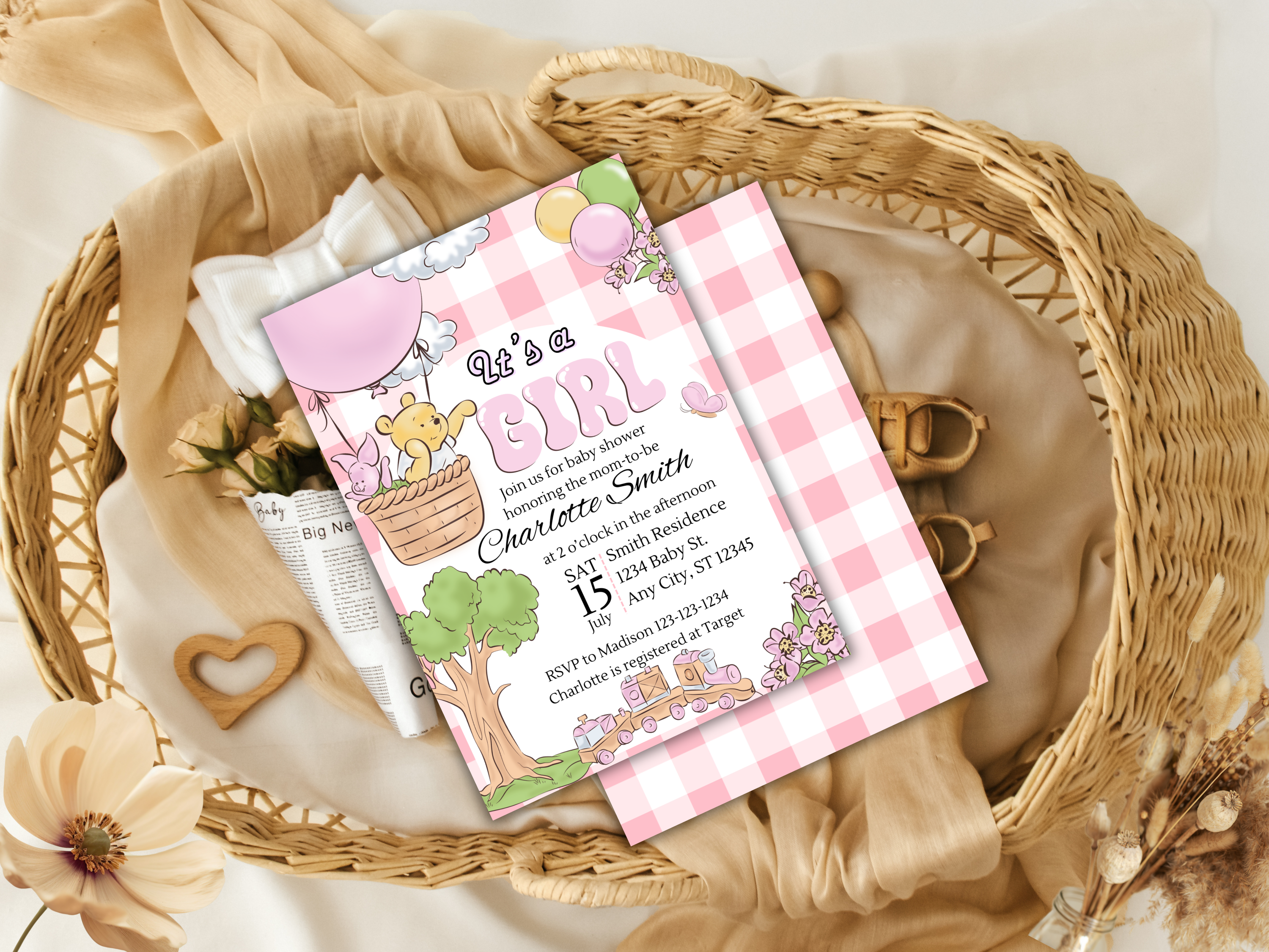 Winnie the Pooh Baby Shower Invitation Girl | Editable Canva Template Gingham Plaid Baby Party Invite Digital Download