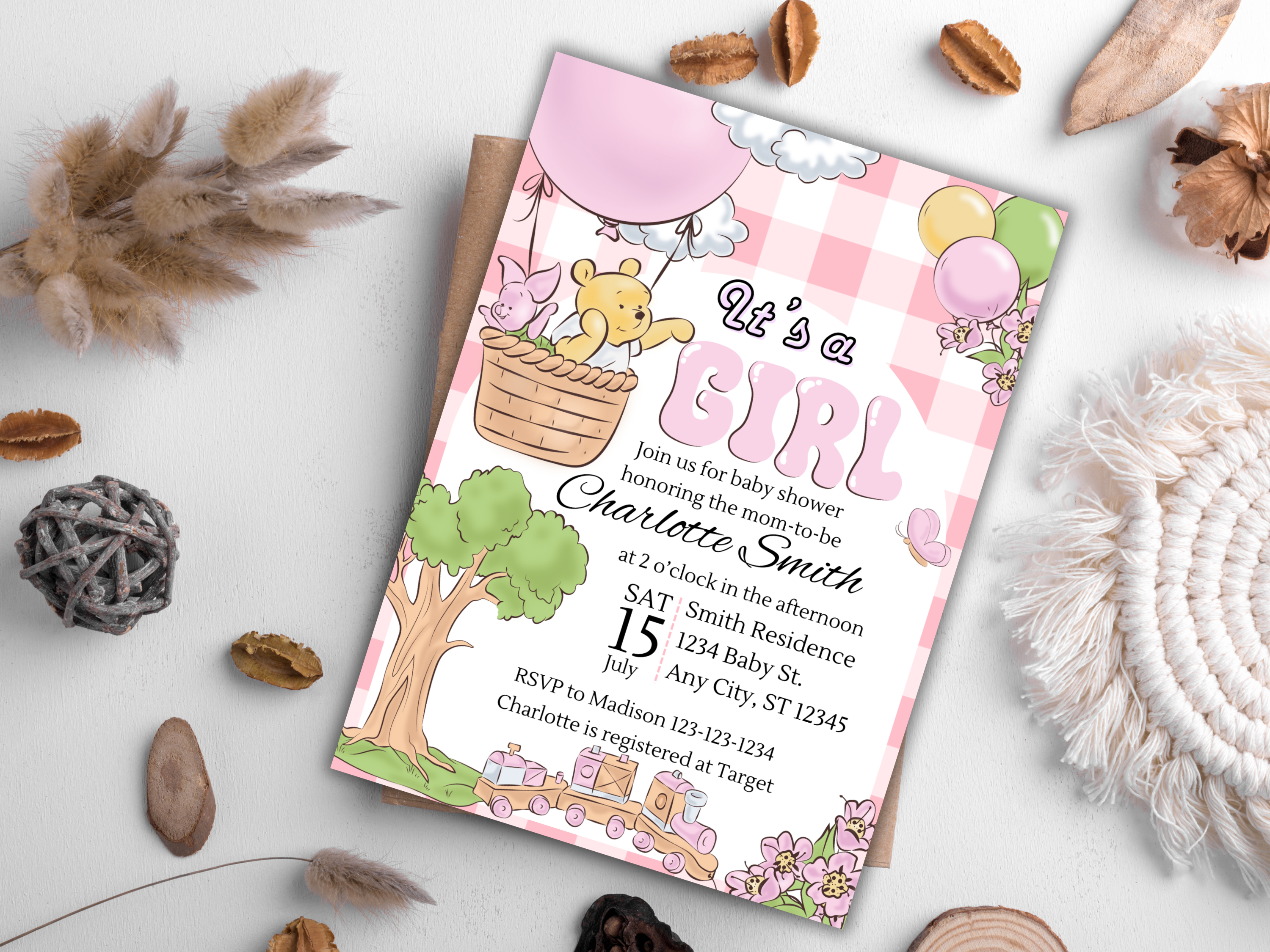Winnie the Pooh Baby Shower Invitation Girl | Editable Canva Template Gingham Plaid Baby Party Invite Digital Download