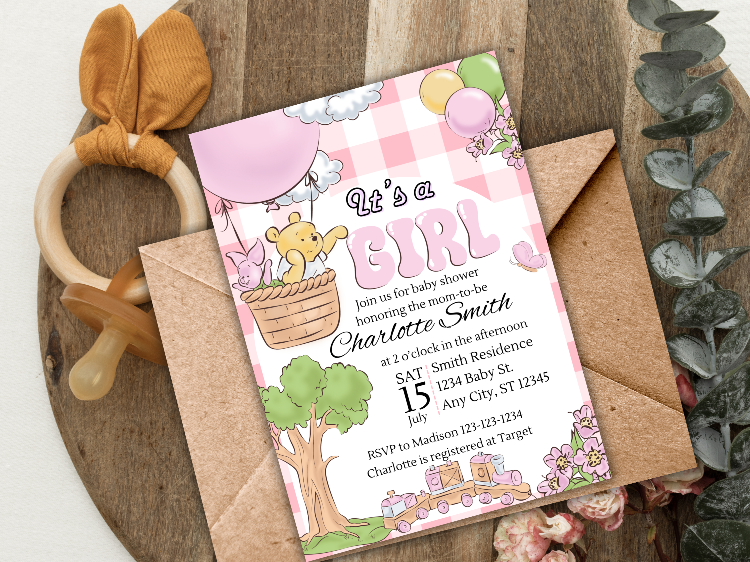 Winnie the Pooh Baby Shower Invitation Girl | Editable Canva Template Gingham Plaid Baby Party Invite Digital Download