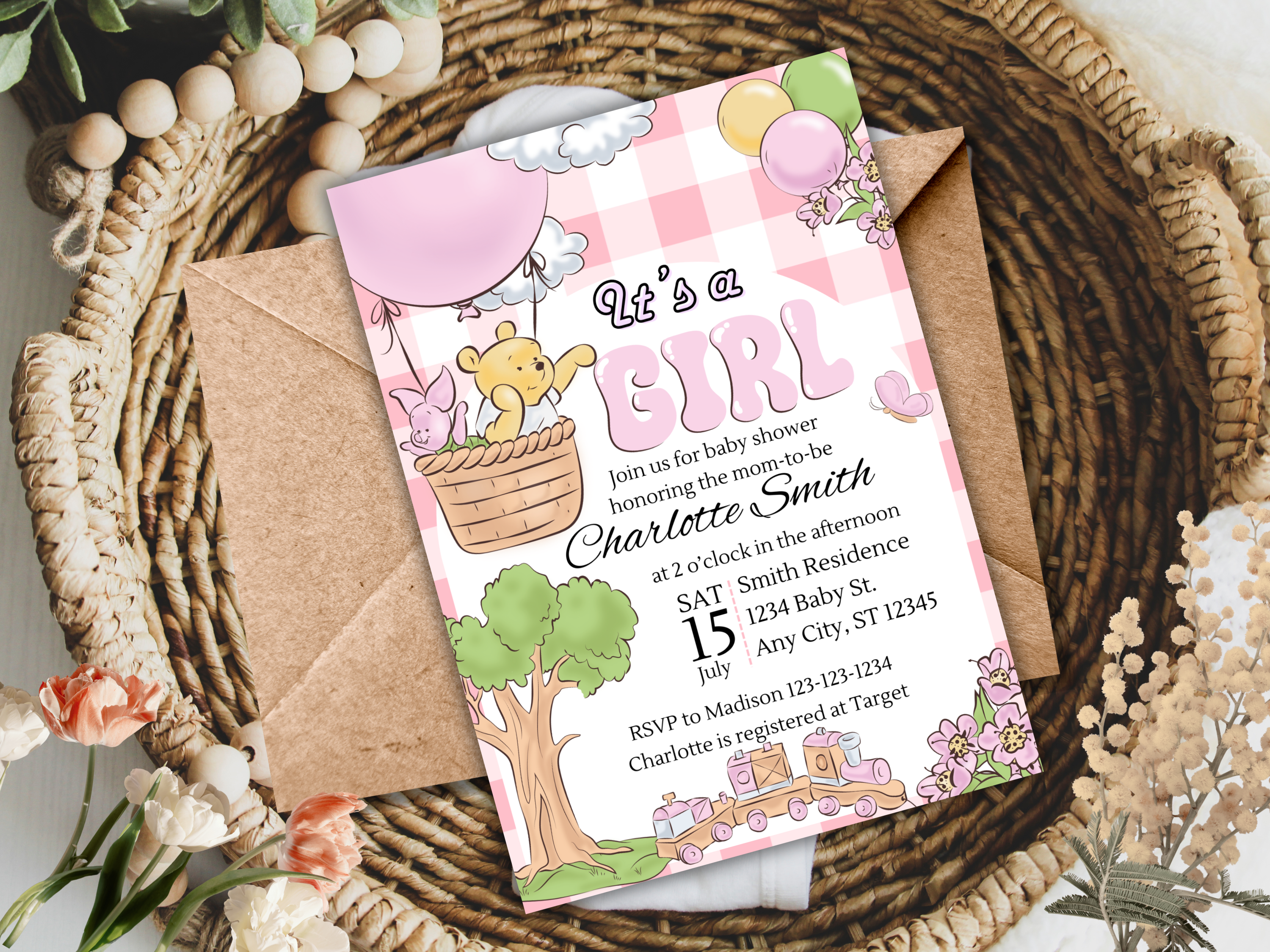 Winnie the Pooh Baby Shower Invitation Girl | Editable Canva Template Gingham Plaid Baby Party Invite Digital Download