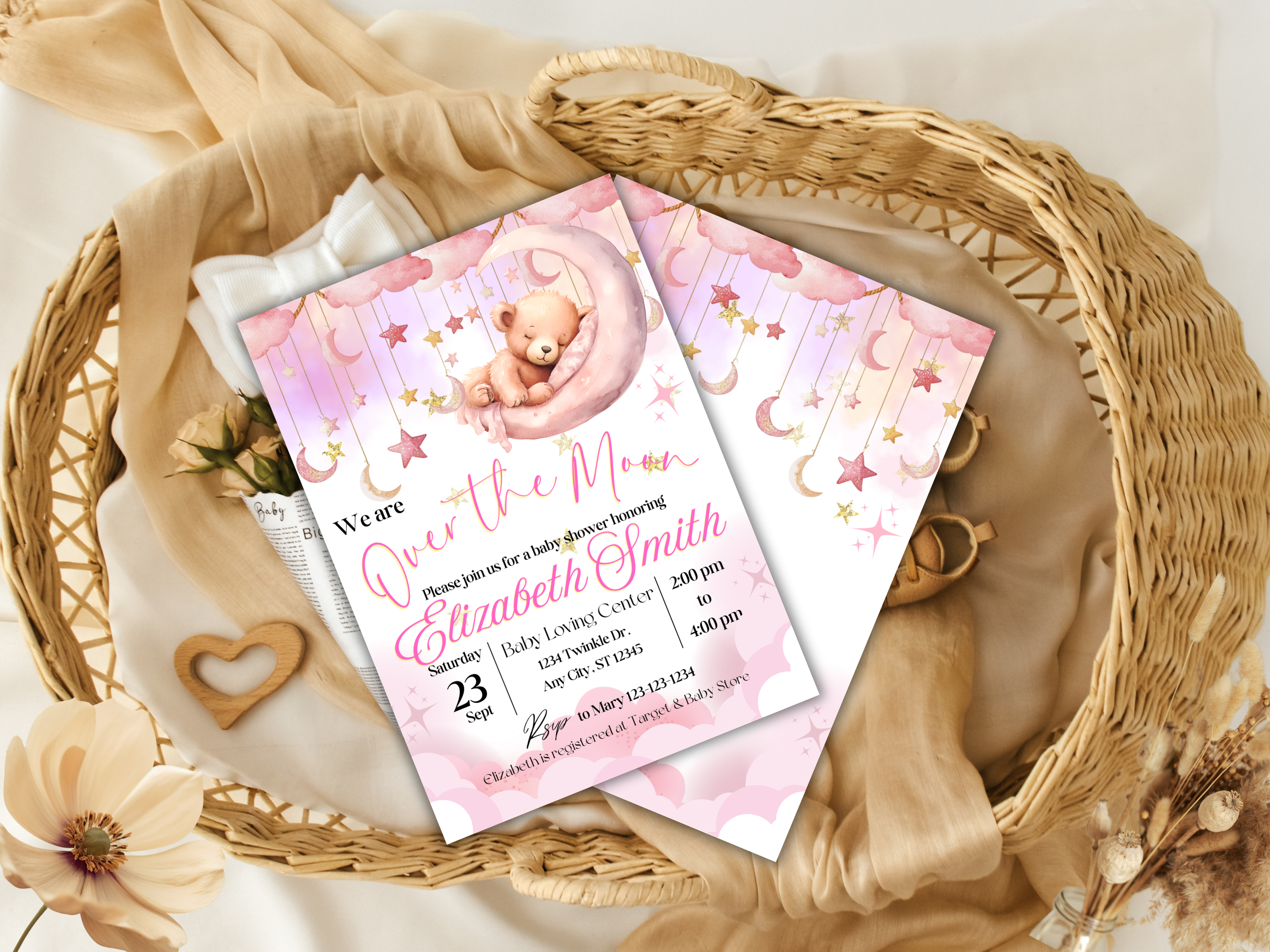 Baby Shower Invitation Girl Pink Bear | Over the Moon Editable Template | Canva Download | Printable Baby Girl Shower Card