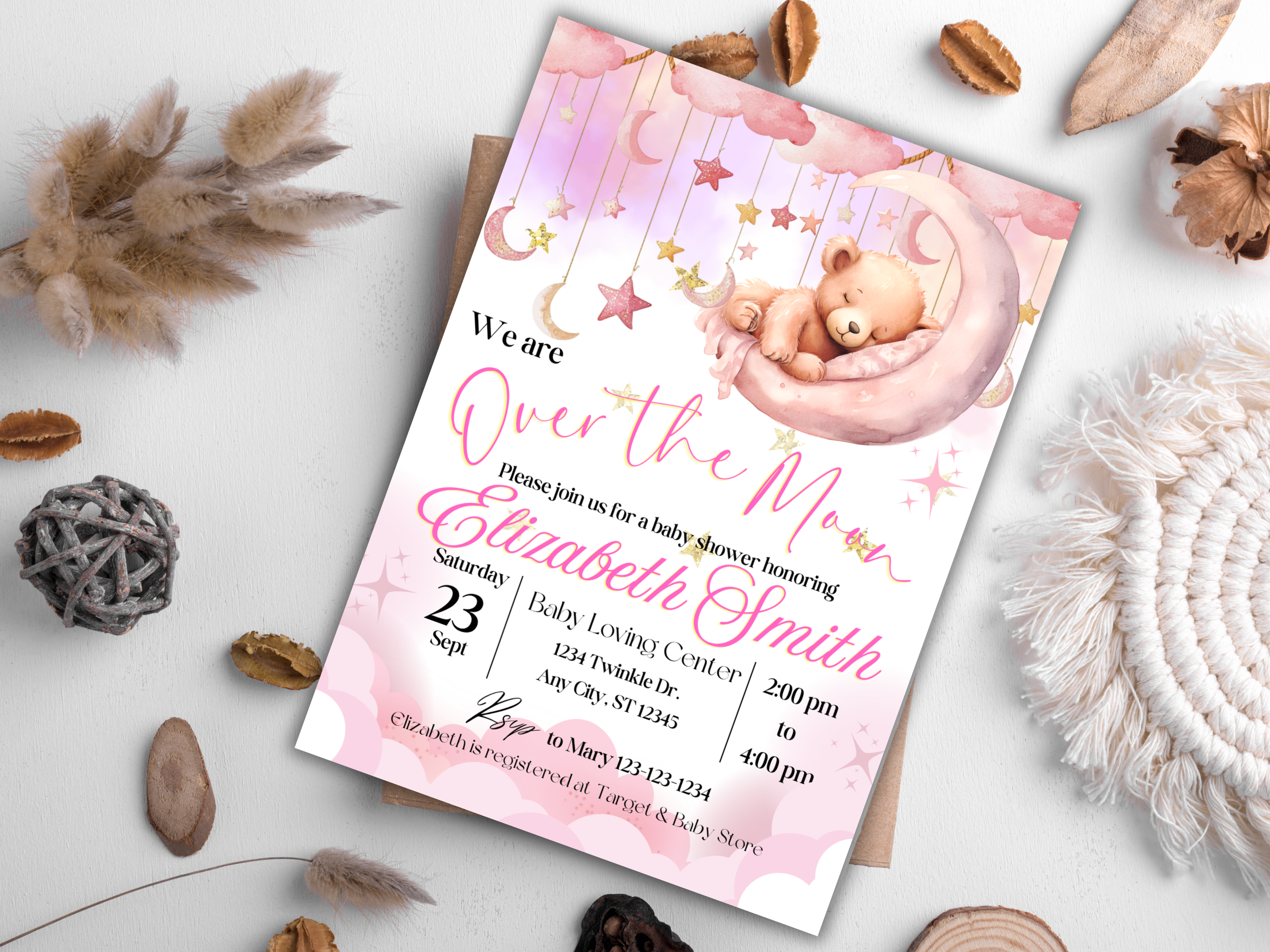 Baby Shower Invitation Girl Pink Bear | Over the Moon Editable Template | Canva Download | Printable Baby Girl Shower Card