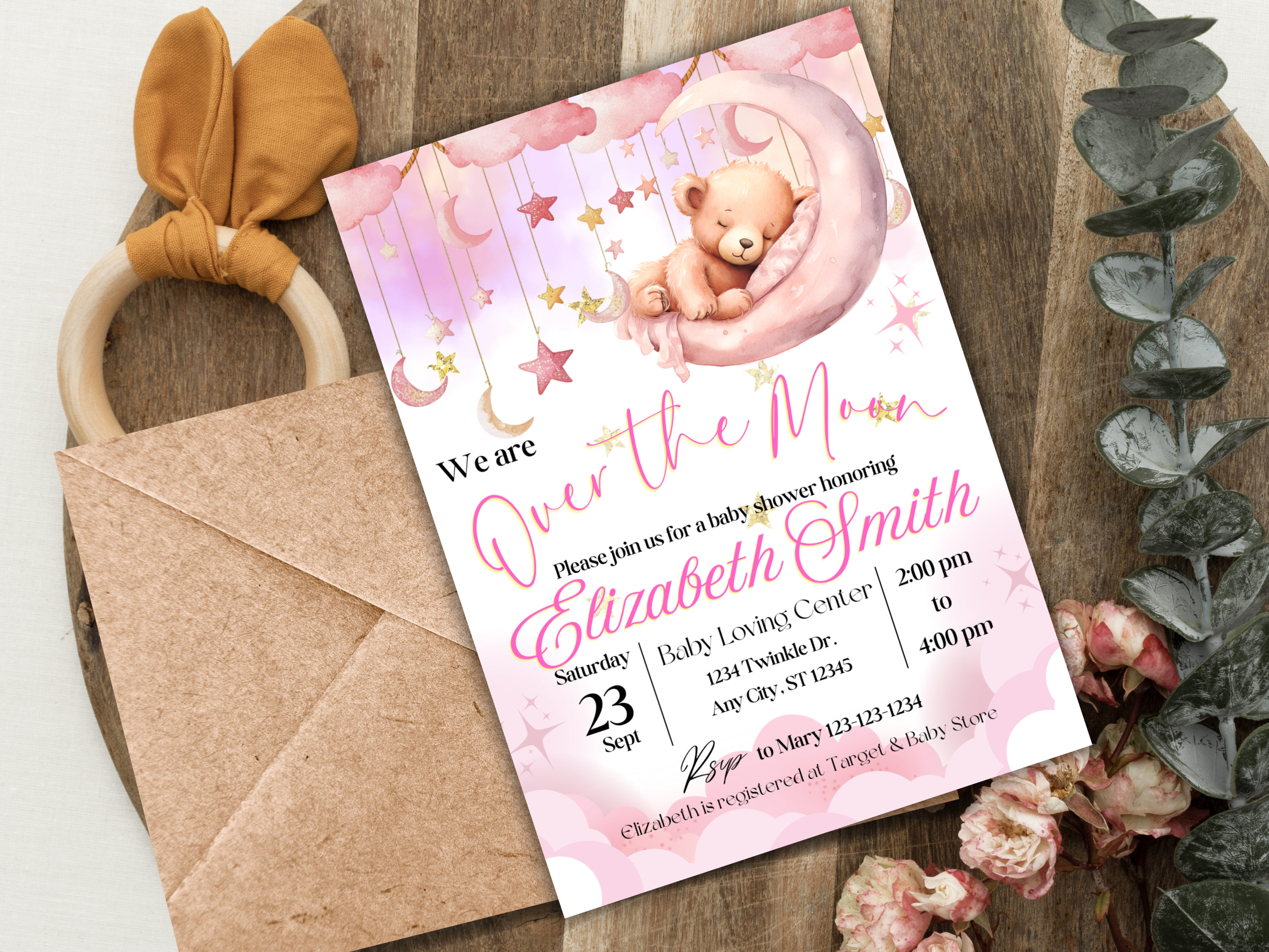 Baby Shower Invitation Girl Pink Bear | Over the Moon Editable Template | Canva Download | Printable Baby Girl Shower Card