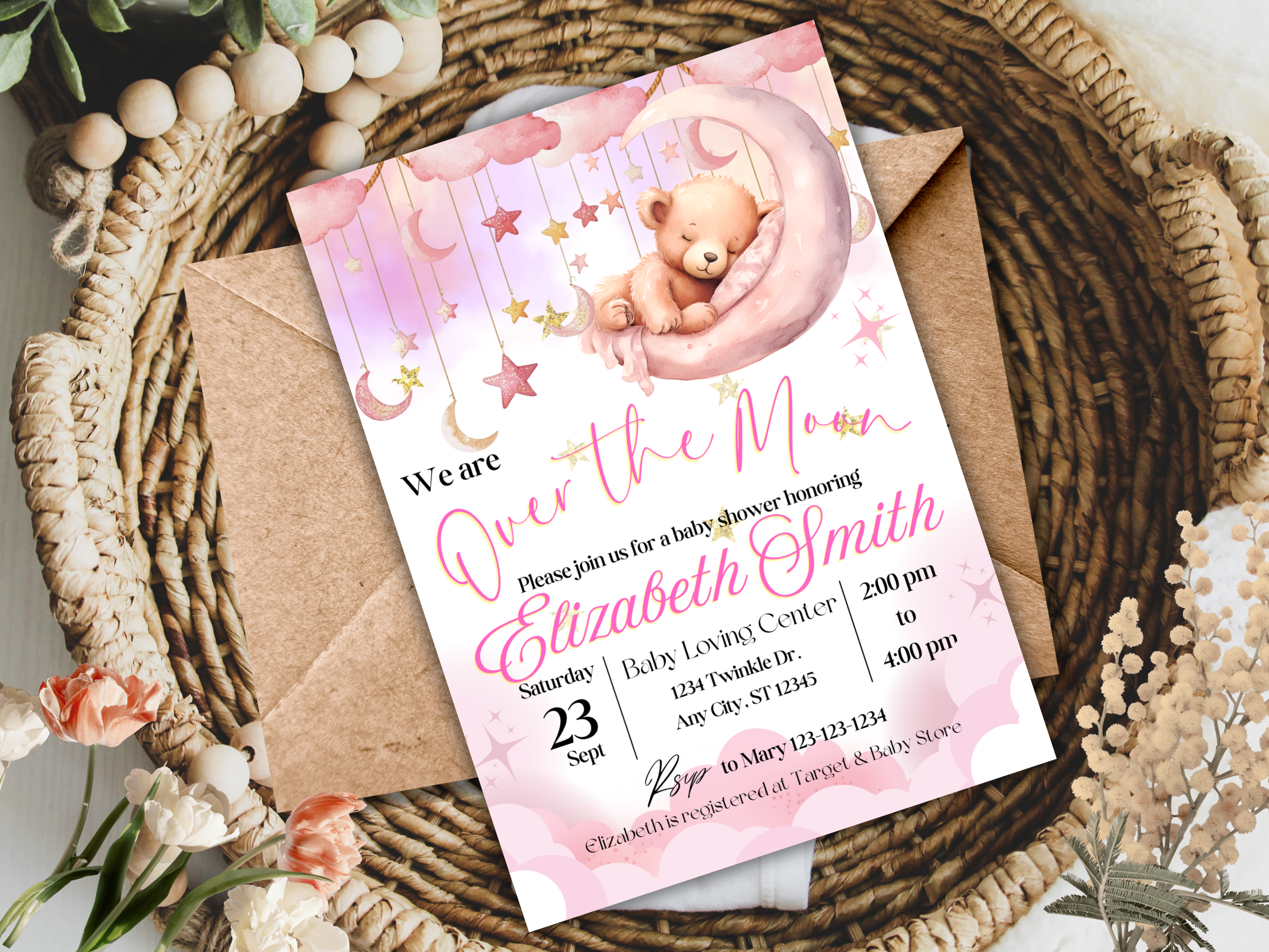 Baby Shower Invitation Girl Pink Bear | Over the Moon Editable Template | Canva Download | Printable Baby Girl Shower Card
