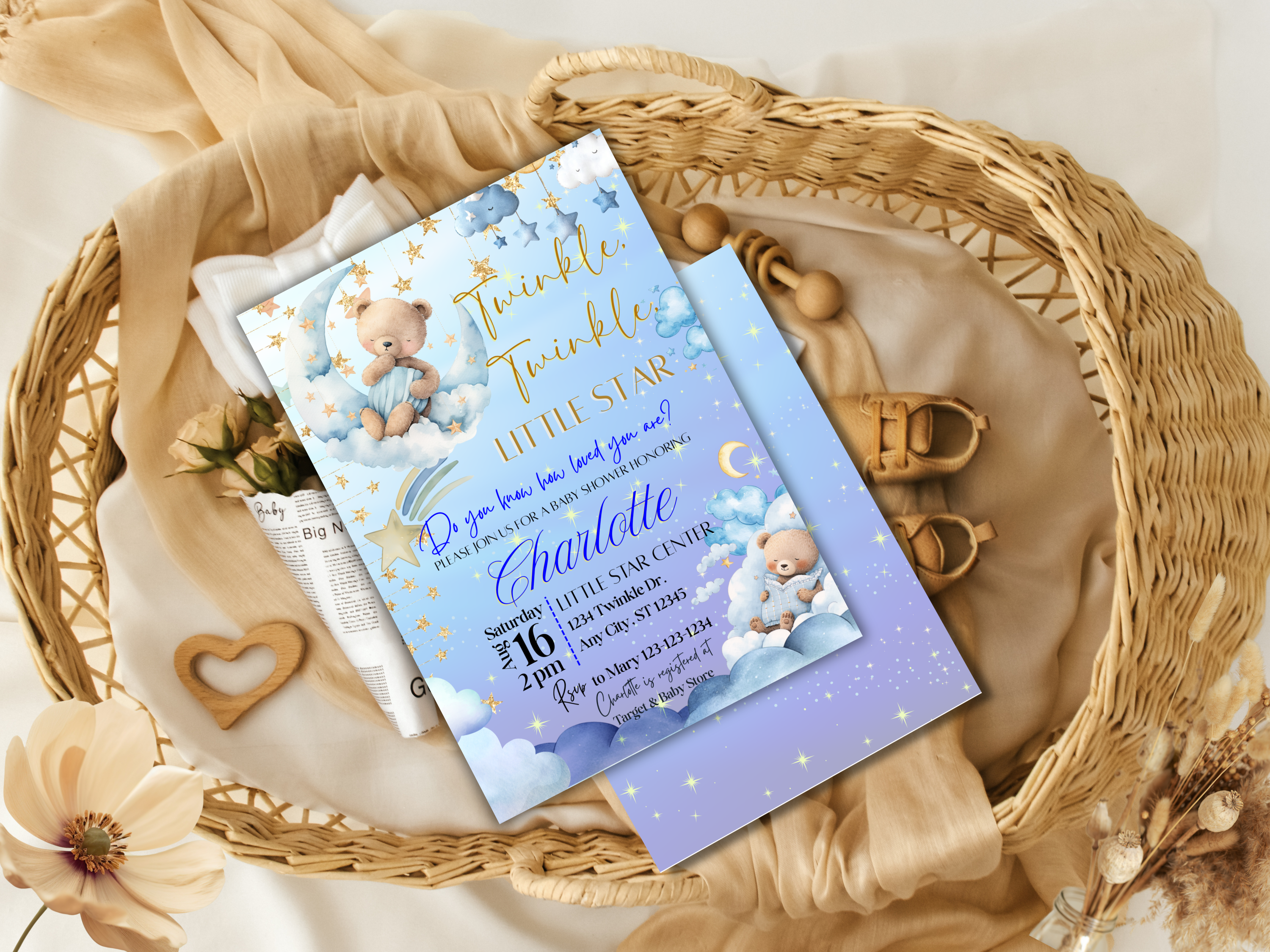 Twinkle Twinkle Little Star Baby Shower Invitation Template Bundle | Blue Starry Night Teddy Bear Invite | Editable Canva Invite Front Back